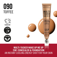 Rimmel Multi-Tasker Wake Me Up Foundation & Concealer 090 Toffee, Depuffs & Brightens Dark Circles, Metallic Cooling Applicator, Caffeine & Victamin C, 2% Niacinamide, Vegan, Cruelty free