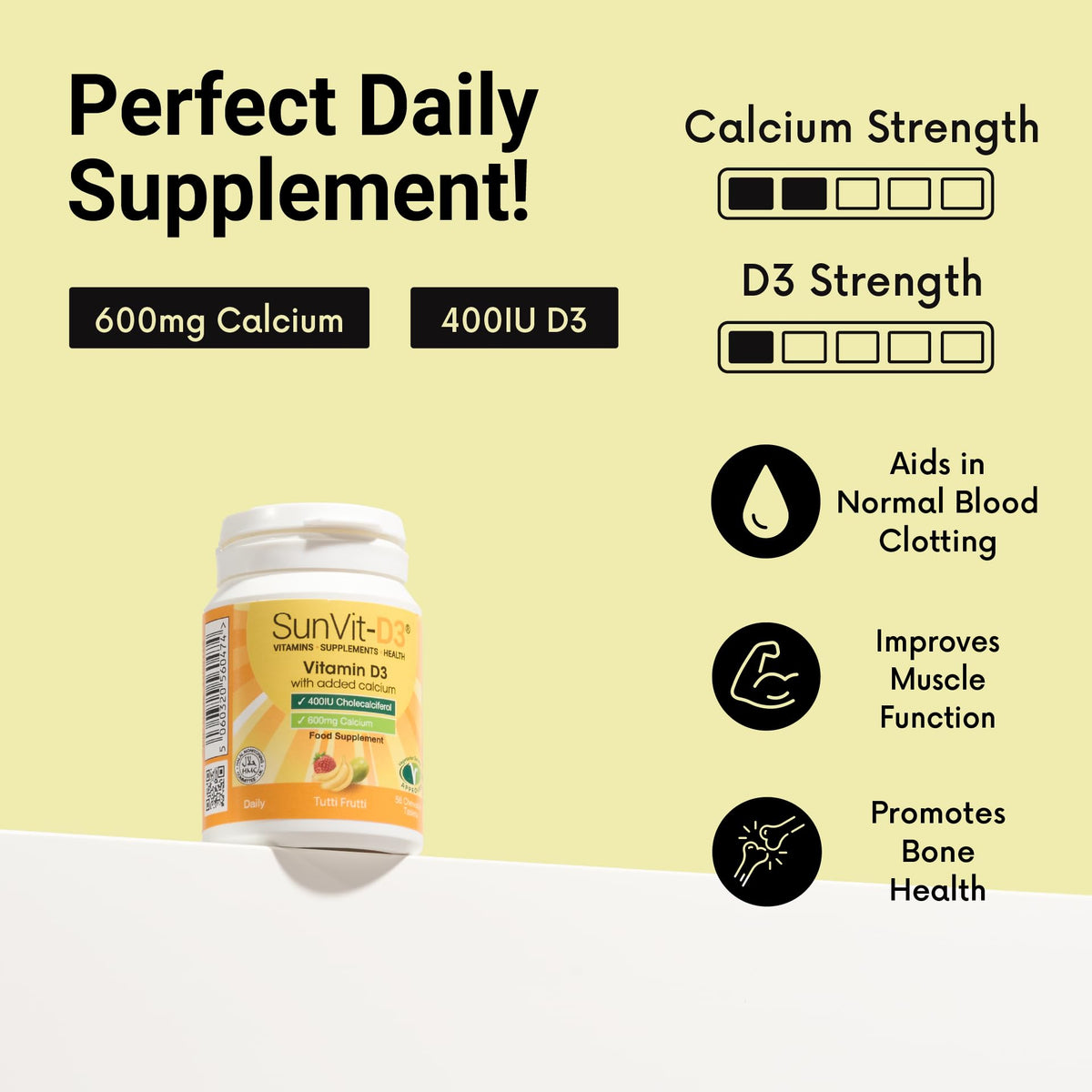 SunVit-D3 Vitamin D3 400IU with Added 600mg Calcium Tutti Frutti Tablets -Supports The Maintenance of Bone, Teeth, Muscle & Immune System - 56 Chewable Tablets