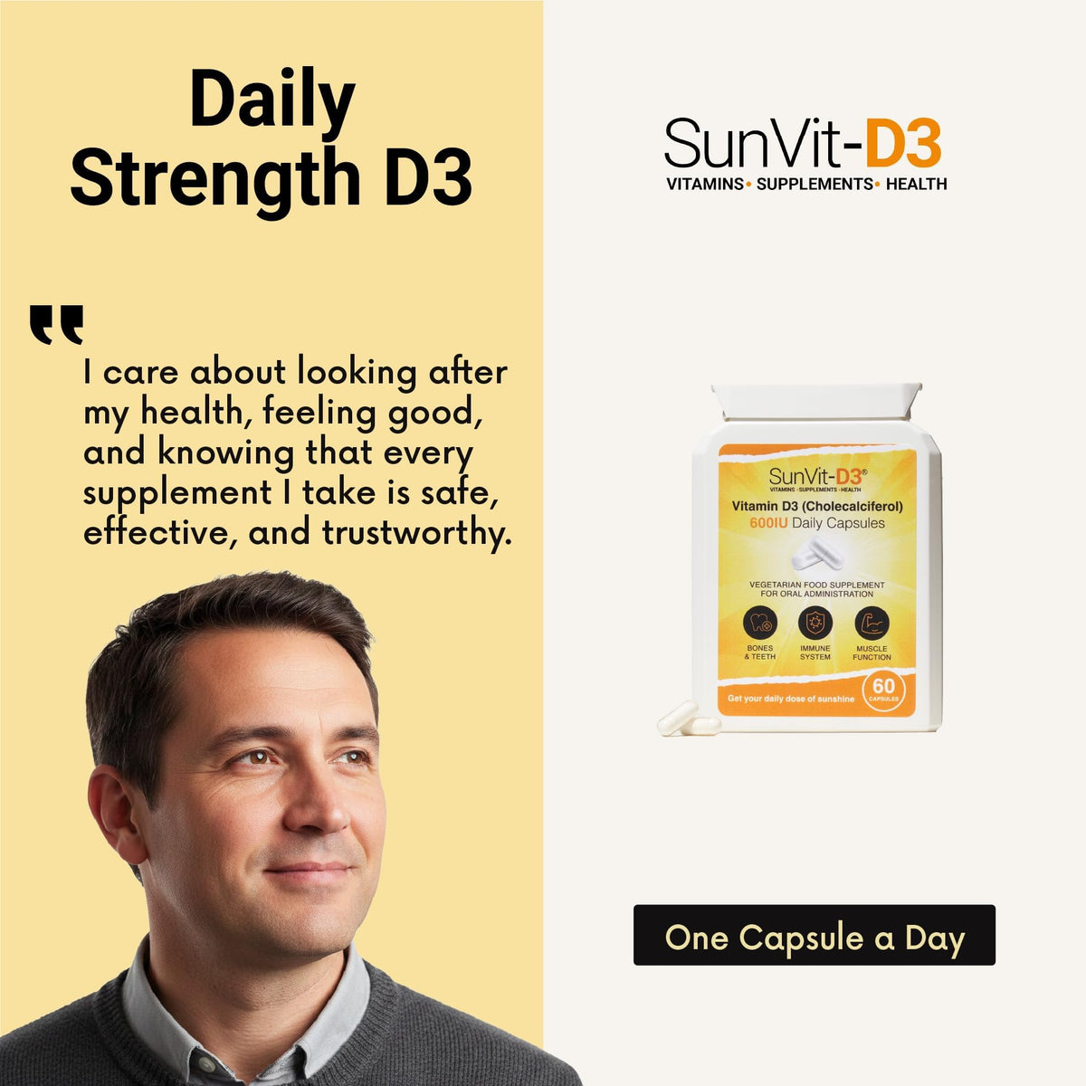 SunVit-D3 Vitamin D 600 IU - Cholecalciferol Vitamin D Capsules Support the Maintenance of Bone, Teeth, Muscle & Immune System | Made in UK & GMP Approved - D3 Vitamins 60 Convenient