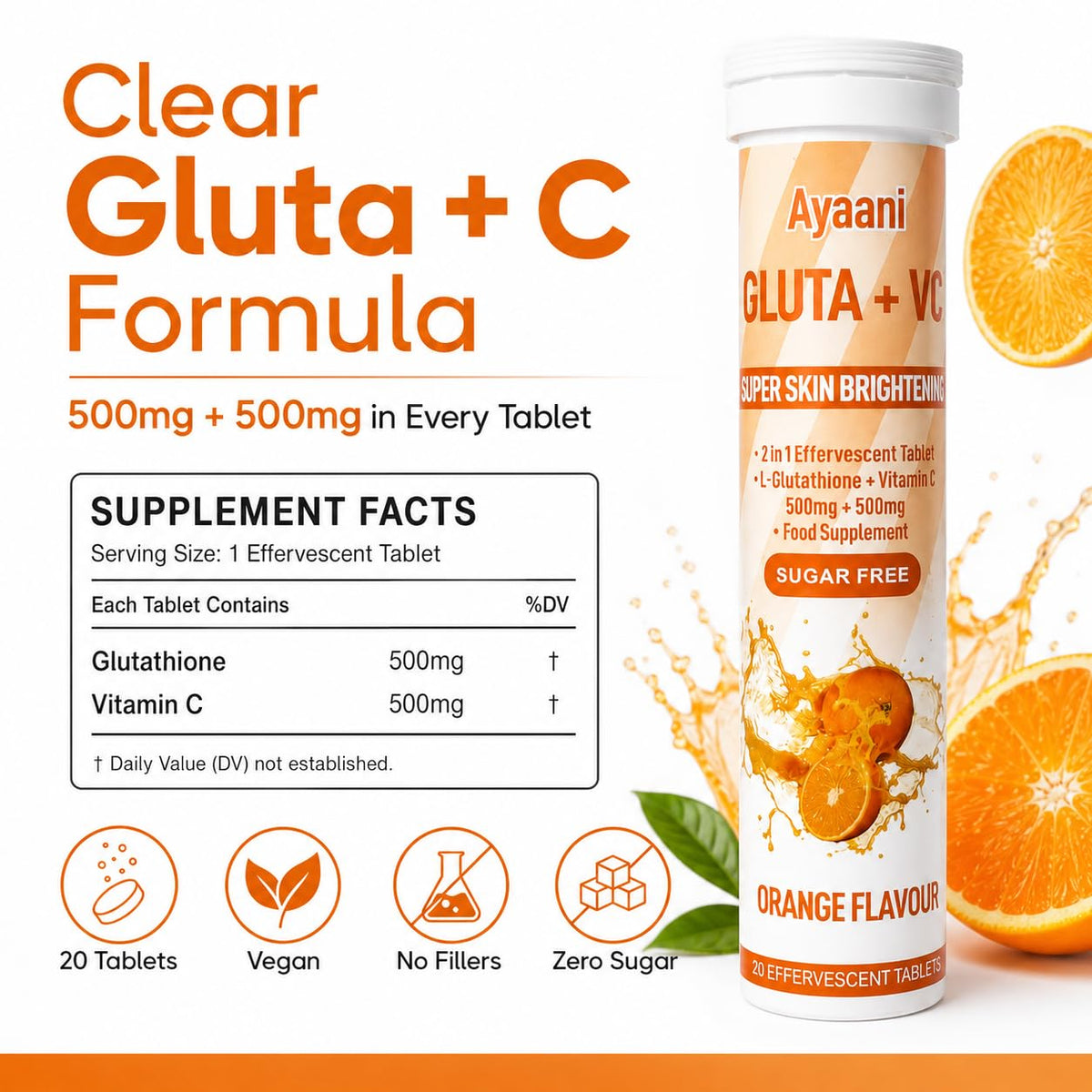 Ayaani Glow Orange Glutathione Beauty Drink | 1000mg Gluta + C with Glutathione 500mg + Vitamin C 500mg | Skin Glow, Brightening, Radiance & Even Tone | Zero Sugar, No Fillers | 20 Tablets