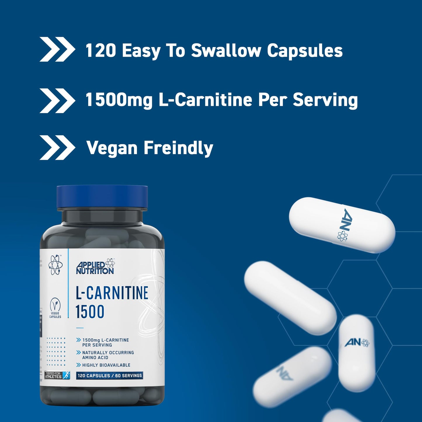Applied Nutrition L-Carnitine 1500mg - Carnitine Supplement Premium L-Tartrate Form, High Strength, Energy Boost & Weight Management (120 Capsules - 60 Servings)