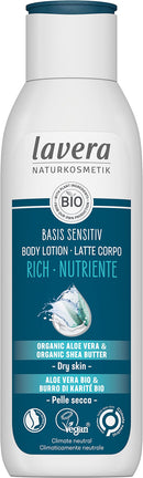 lavera basis sensitiv Body Lotion Rich - Body Lotion with organic Aloe Vera & organic Shea Butter - 24h intense moisture for dry skin - Natural Cosmetics - vegan - organic (1 x 250 ml)