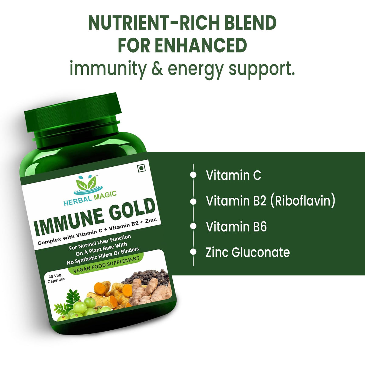 Herbal Magic Immune Gold – Vegan Food Supplement with Herbal Blend for Immune Support & Wellness, 60 Capsules, Non-GMO