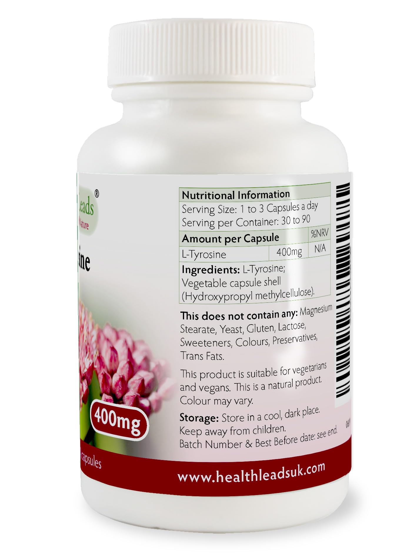 Health Leads ...Working With Nature L-Tyrosine (Extra Strength) 400mg x 90 Capsules, for Mental Alertness, Focus, Stress & Sleep, Free Form Amino Acid Supplement, Non-GMO, Vegan, Magnesium Stearate Free & No Nasties, Made in Wales