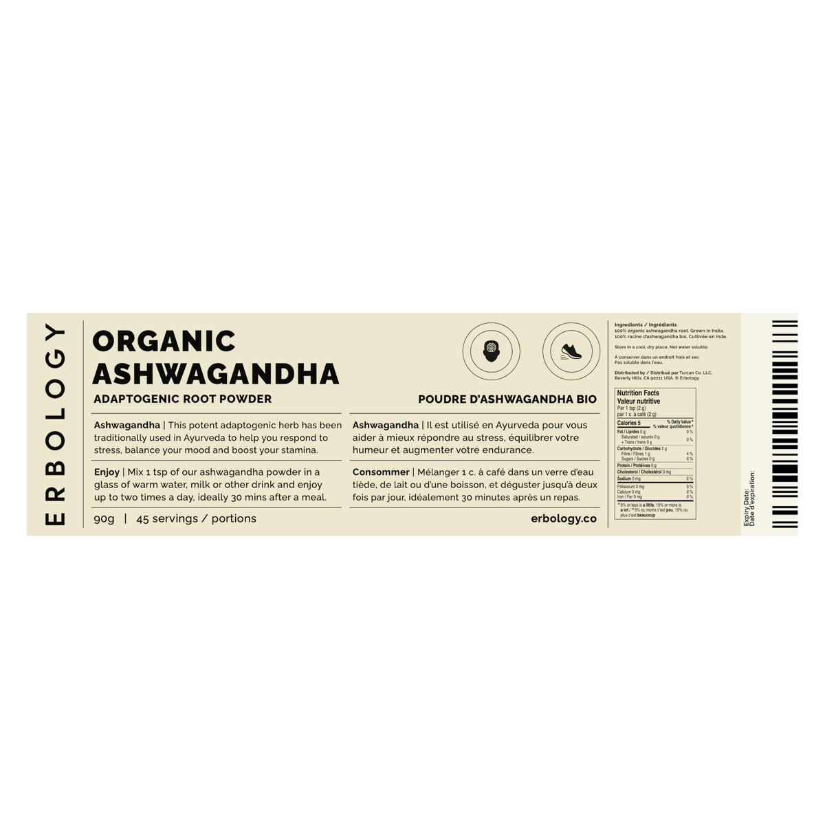 Erbology Organic Ashwagandha Powder 90g - 45 Servings - Sleep Aid - Rich in Withanolides - Sustainably Sourced Straight from Farm in India - Small Batch - Vegan - GMO-Free - Recyclable Glass Jar
