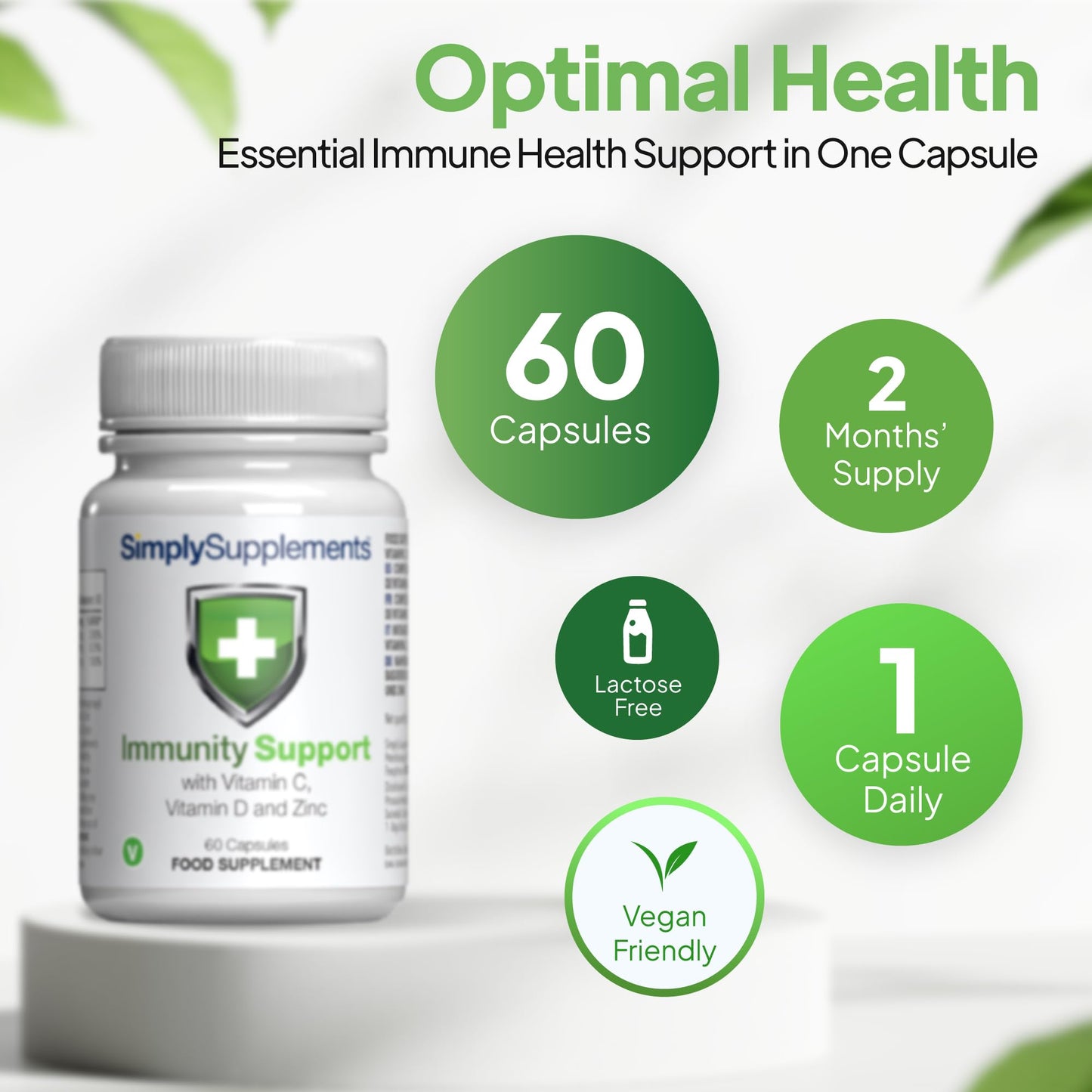 Simply Supplements Vitamin C, D and Zinc Capsules for Immunity Support | One-a-Day Formula | 60 Fast Release Capsules = 2 Months’ Supply | Vegan Friendly | Manufactured in The UK