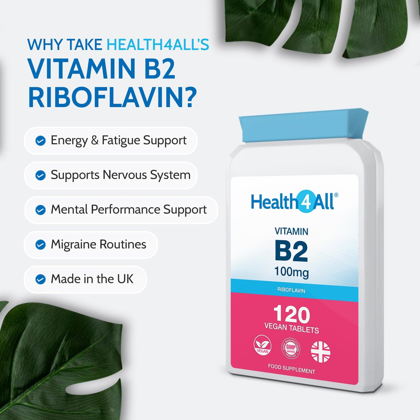 Vitamin B2 Riboflavin 100mg 120 Tablets - Energy, Stress and Migraine Support, Contributes to Reduction of Tiredness & Fatigue, Vegan, Gluten-Free Supplement | Made in UK by Health4All