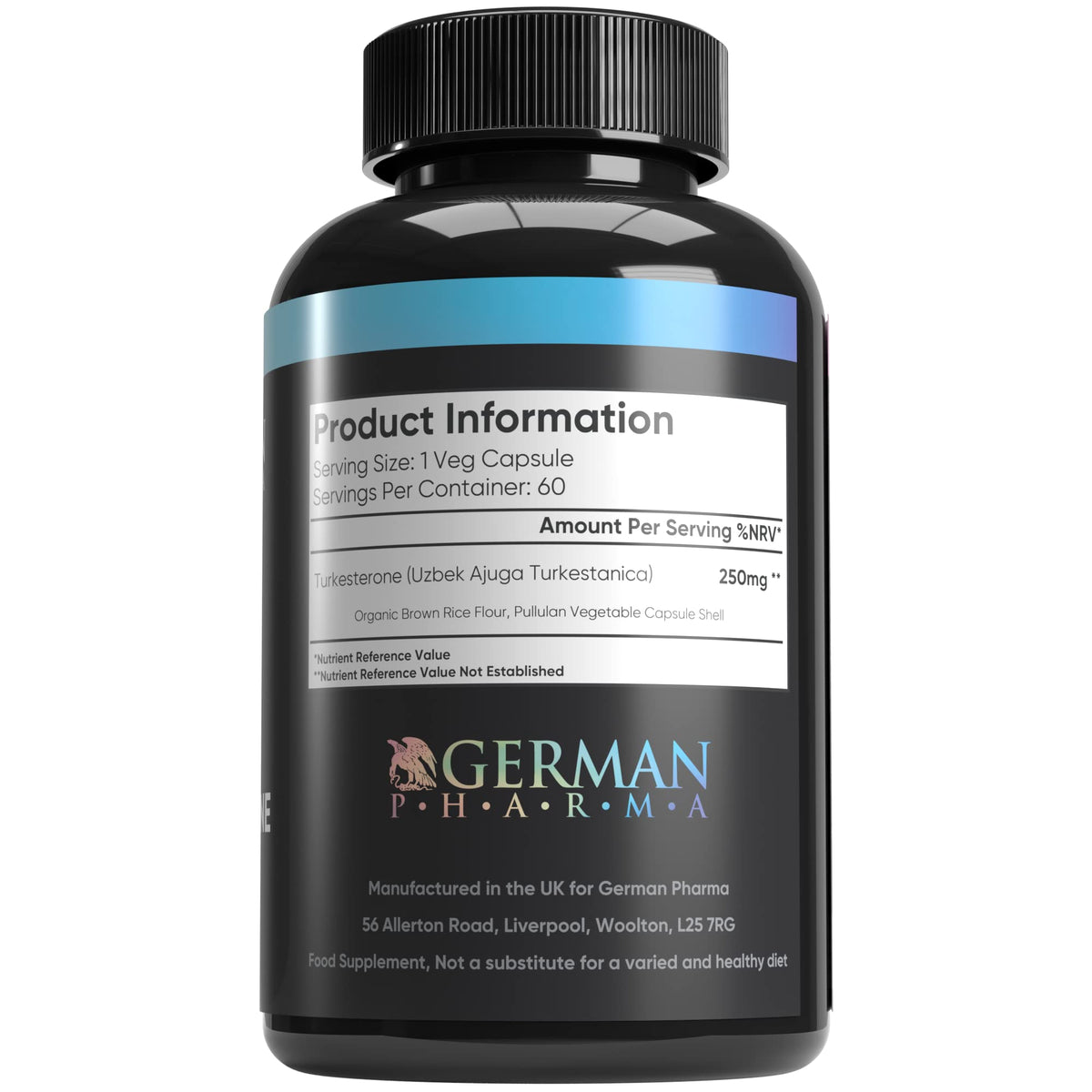German Pharma Turkesterone | Ajuga Turkestanica 250mg Dose | 60 Vegetable Capsules, 2 Per Day | Increase Strength + Build Lean Muscle | 100% Vegan |