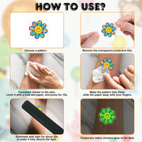 Qpout 96pcs Glow In The Dark Hippie Tattoos Stickers Groovy 70s 80s 90s Temporary Tattoos for Kids,Waterproof Love and Peace Sign Luminous Face Tattoos Flower Power Rainbow Hippie Theme Party