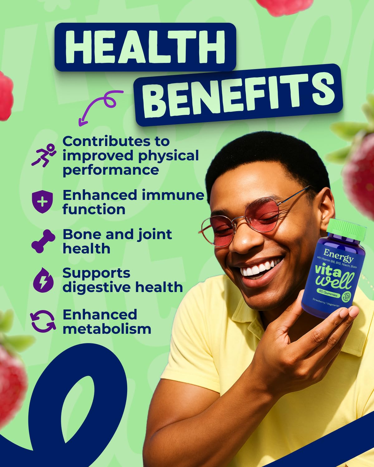 Vitawell Energy Vitamin Gummies - 60 Strawberry Flavour Gummies | High Strength Chewable Sustained Endurance Vitamins | Vitamins B6 + B12 + Niacin | Alternative to Energy Drinks, Gels & Pills