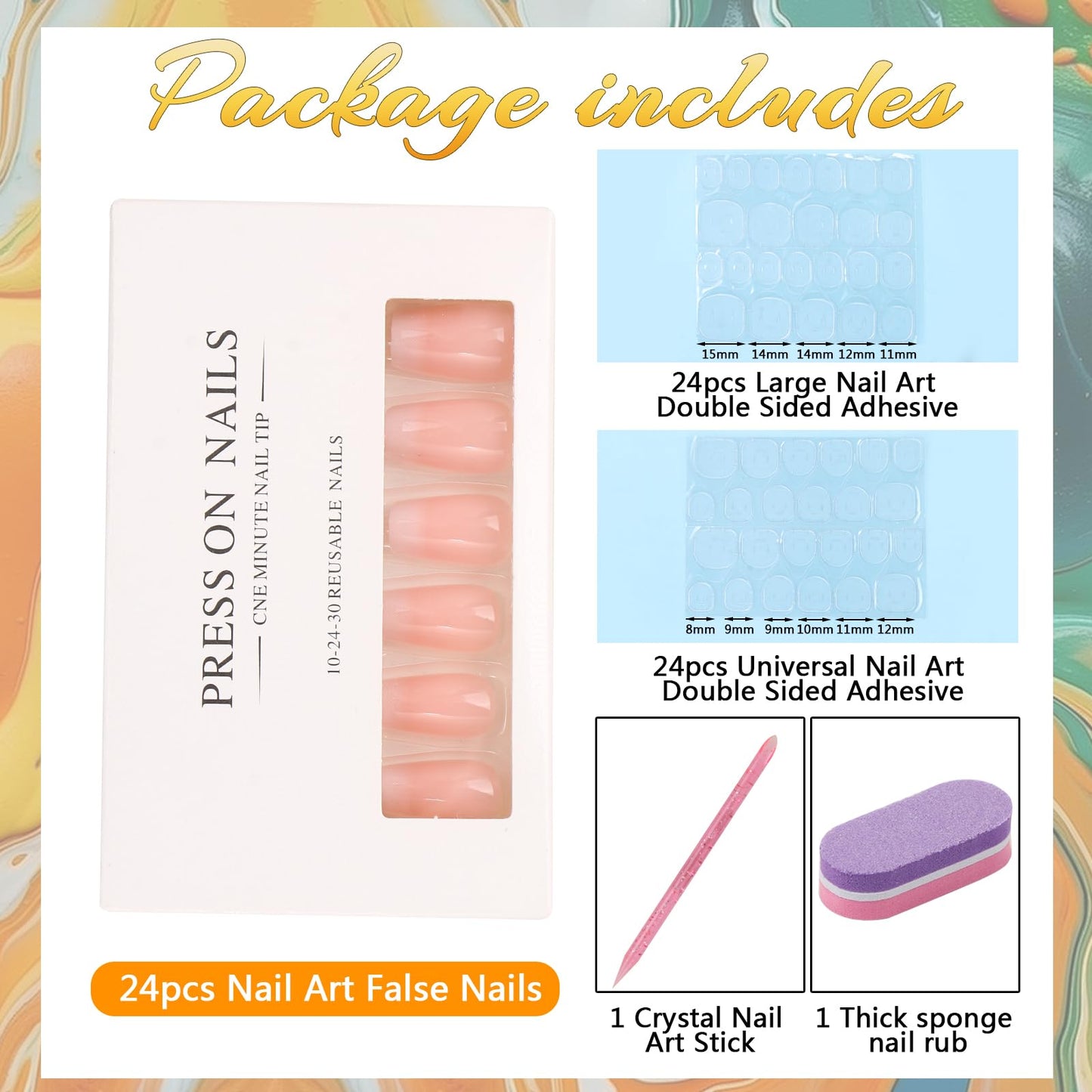 24Pcs False Nails,UHOMENY Square False Nails Short Long Fake Nails Acrylic Stick on Nails for Women Girls Nail Art Press on Nails with manicure kit (Light Pink Gradient White, 12 size)