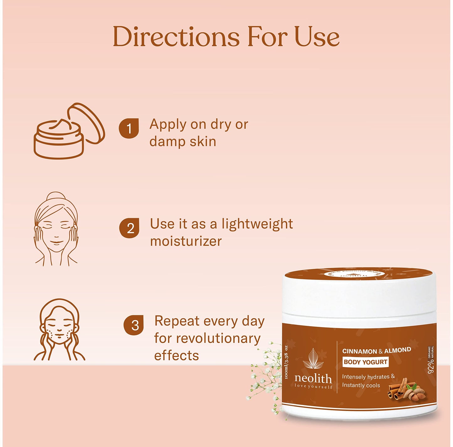 Neolith Cinnamon Almond Body Yogurt | Light weight, Non sticky, Hydrating, Nourishing, Soothing | 92% Organic & Natural,Vegan | No Parabens, No Mineral oils, No Synthetics