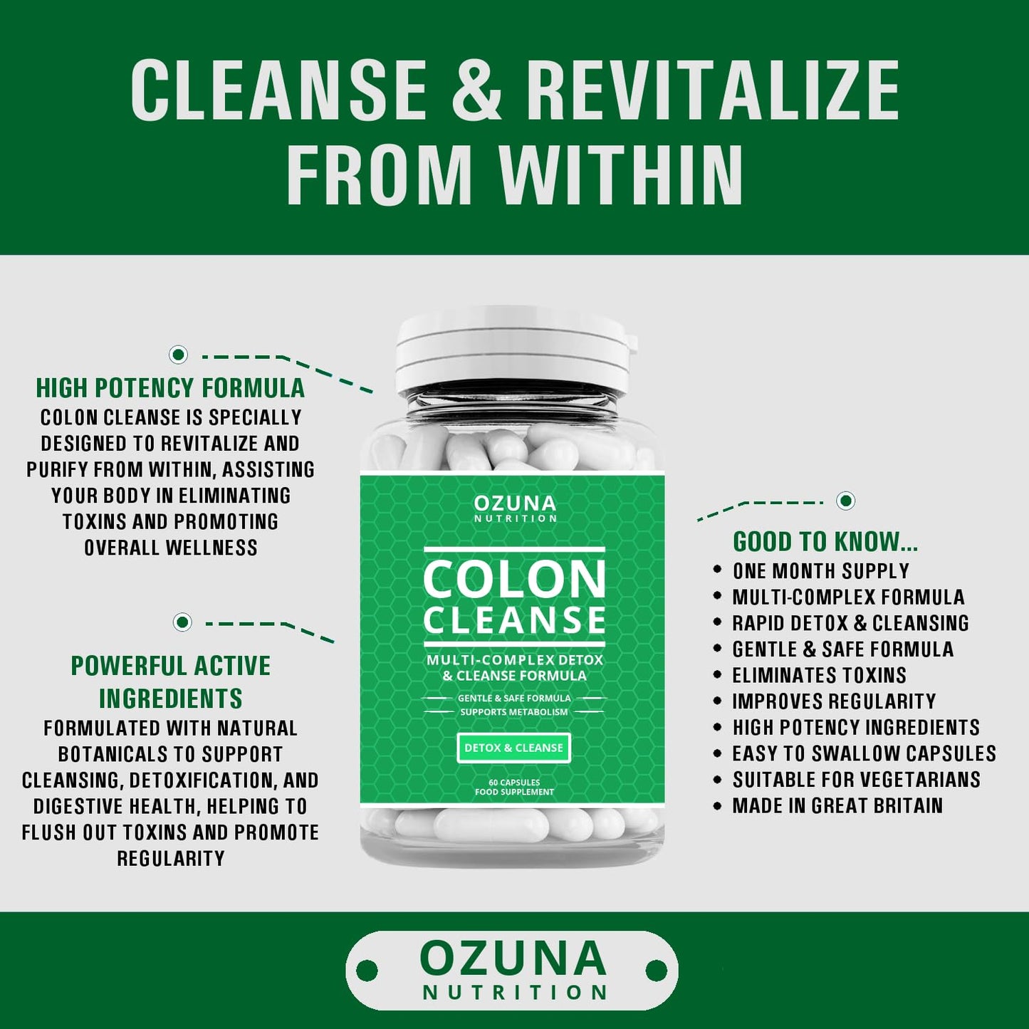 OZUNA NUTRITION Natural Colon Cleanse Detox Capsules – High Strength Multi-Complex for Bowel Cleanse, Constipation Relief, and Reduced Bloating | Supports Digestion & Metabolism | One Month Supply