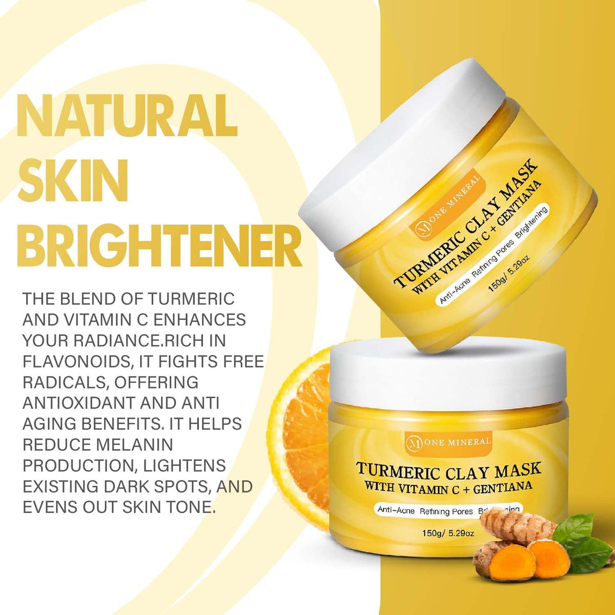 One Mineral Turmeric Clay Mask with Vitamin C & Gentiana | 150g | Deep-Cleansing Kaolin Clay Mask | Brightening Face Mask for Smooth, Balanced Skin | Oil Control, Dark Spots & Radiant Glow