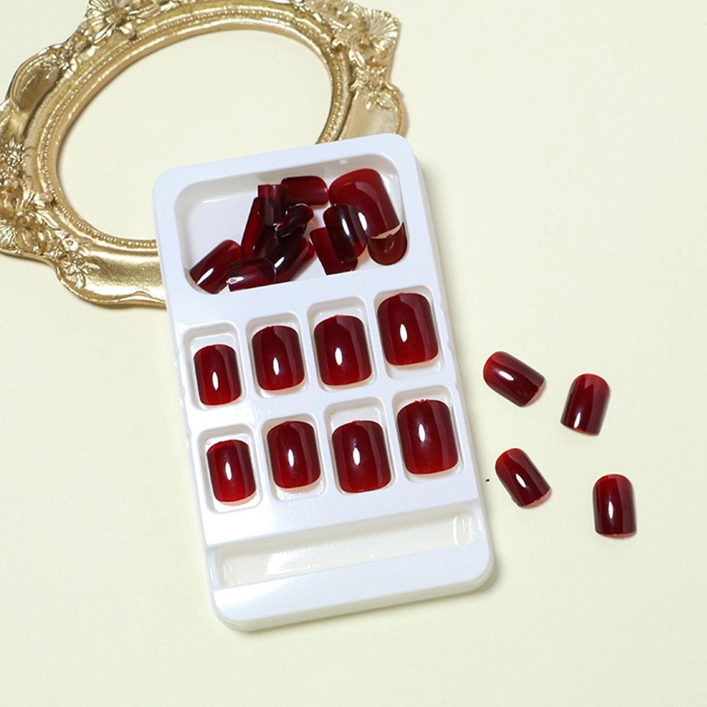 Coloroom False Nails – 24PCS Burgundy Square Short Fake Nails - Glossy Full Coverage, Includes Tool for Easy Nail Art – Perfect Nail Art for Women