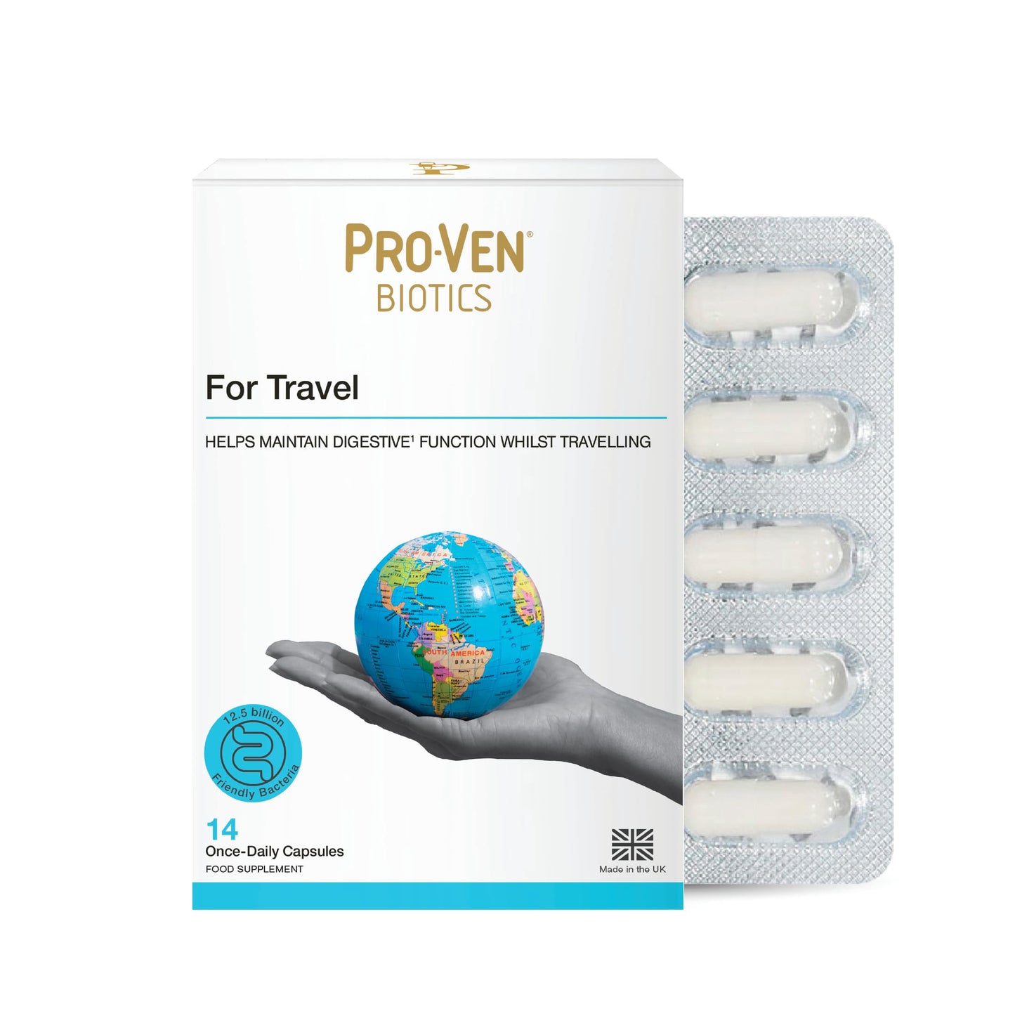 Pro-Ven Probiotics for Travel | 12.5 Billion Live Bacteria with Ginger Glutamine and Calcium | Daily Digestive Support for Holidays and Overseas Trips Easy to Pack | 14 Capsules