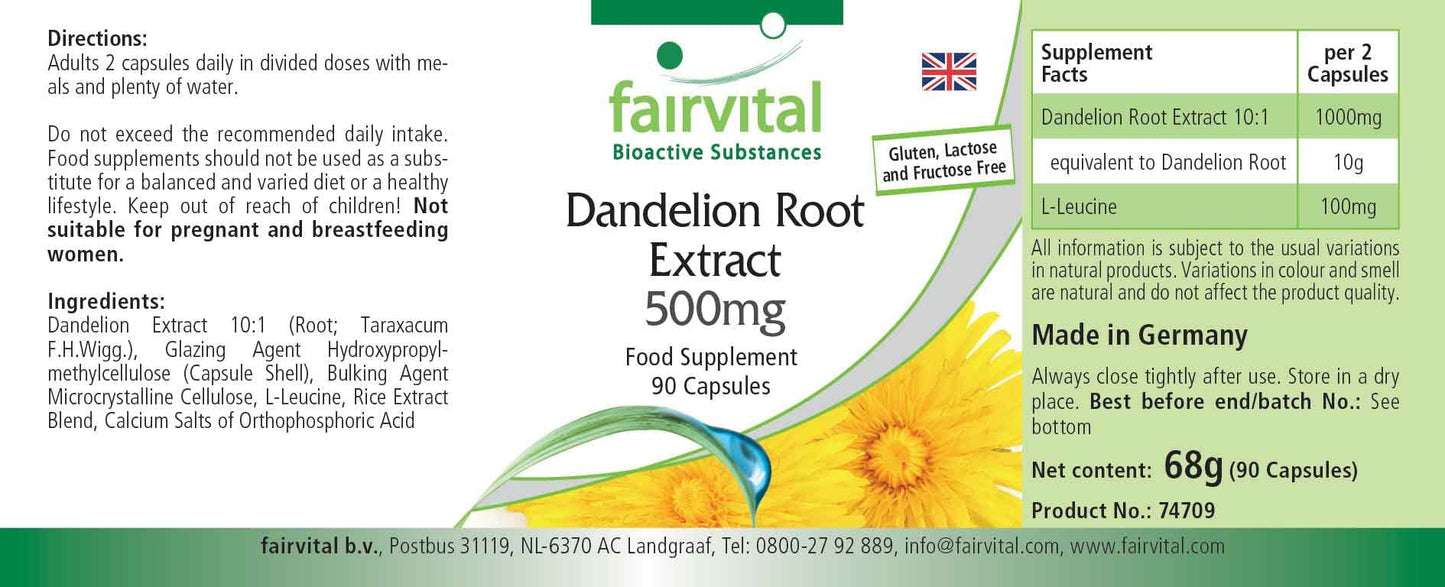 Fairvital | Dandelion Root Extract 500mg - Vegan - HIGH Dosage - 90 Capsules - 10-fold Concentrated