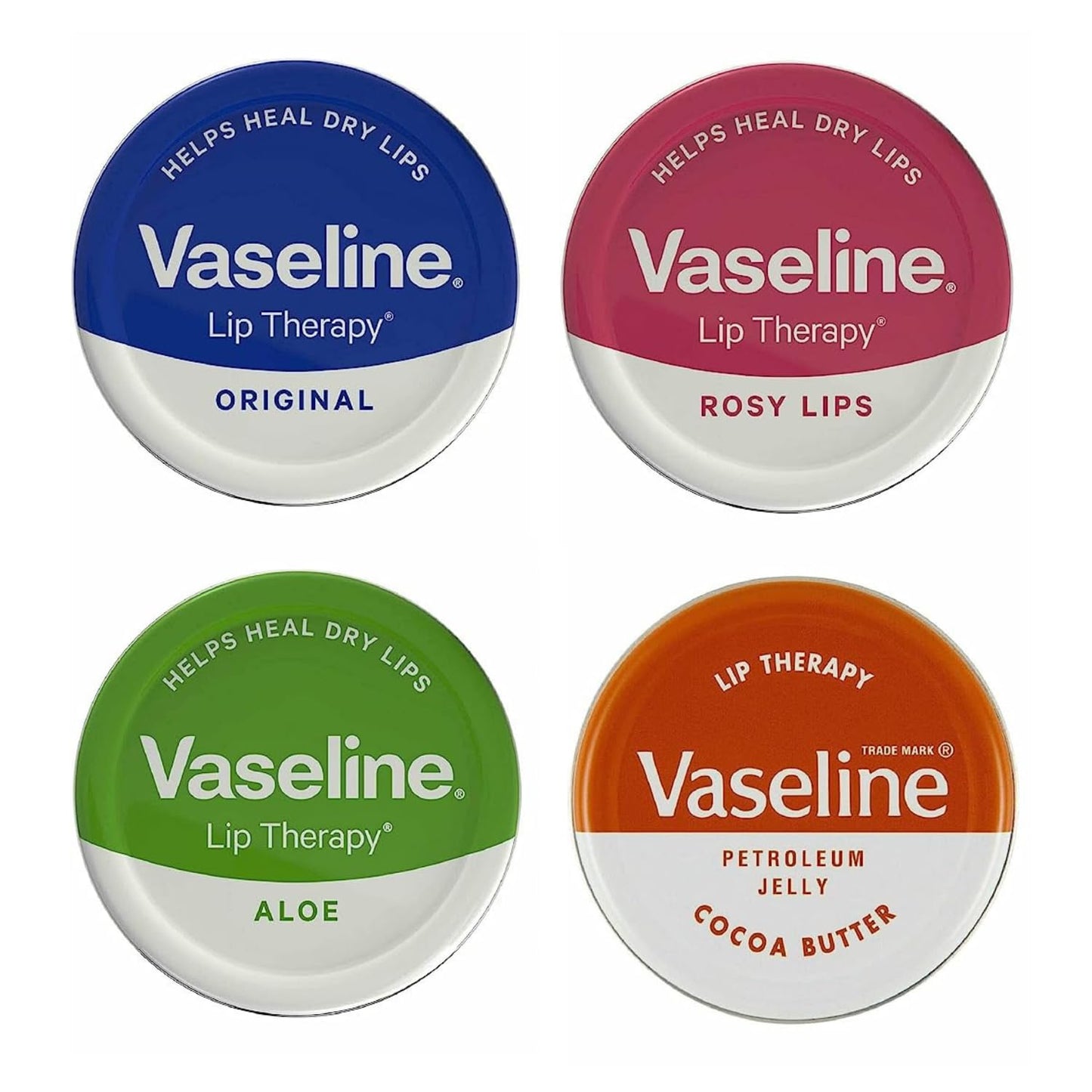 Vaseline Lip Balm - Petroleum Jelly - Lip Therapy - Original, Coco Butter, Alo VeraAnd Rosy 20g Tin - Soothes Dry Lips - Pack Of 4