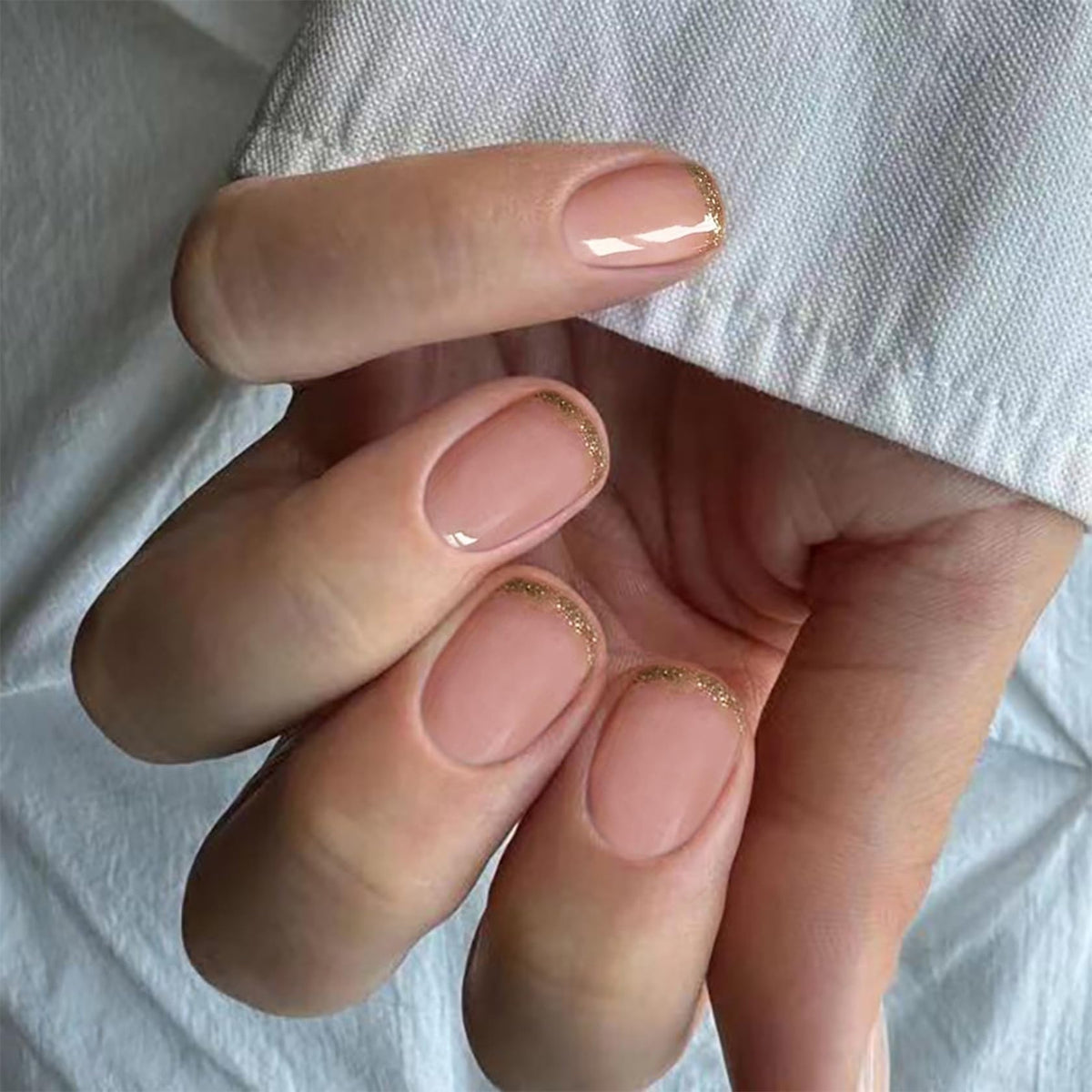 Generic Short Oval False Nails with Glitter Gold Edge - French Style Press On Nails Set in Nude for Women, Includes Art Accessories and Applicator Tool for Short Square and Round Shapes