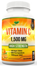 Vitamin C 1500mg per Tablet, High Strength 180 Vegan Tablets, Food Supplement, 6 Month Supply - Made in UK