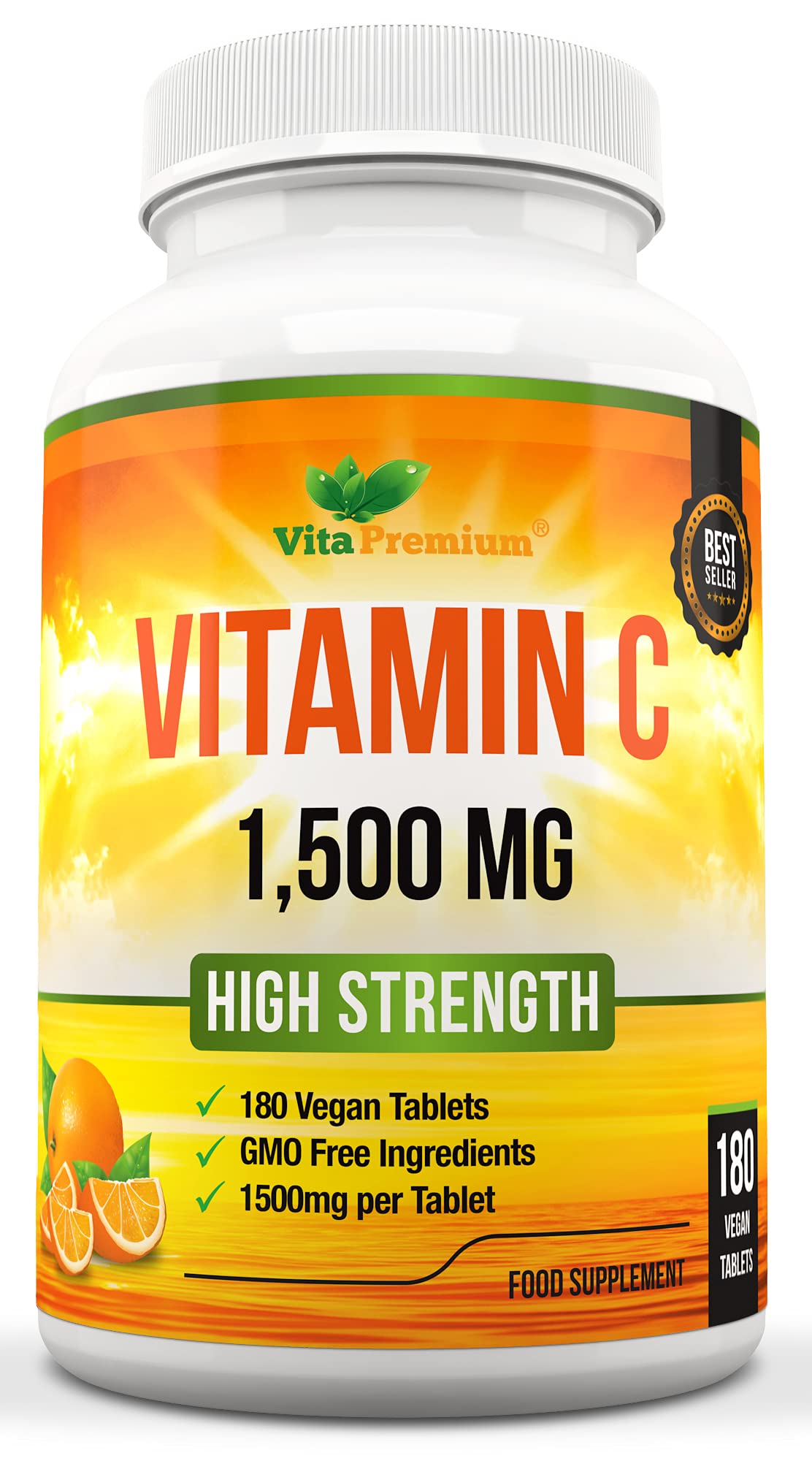 Vitamin C 1500mg per Tablet, High Strength 180 Vegan Tablets, Food Supplement, 6 Month Supply - Made in UK