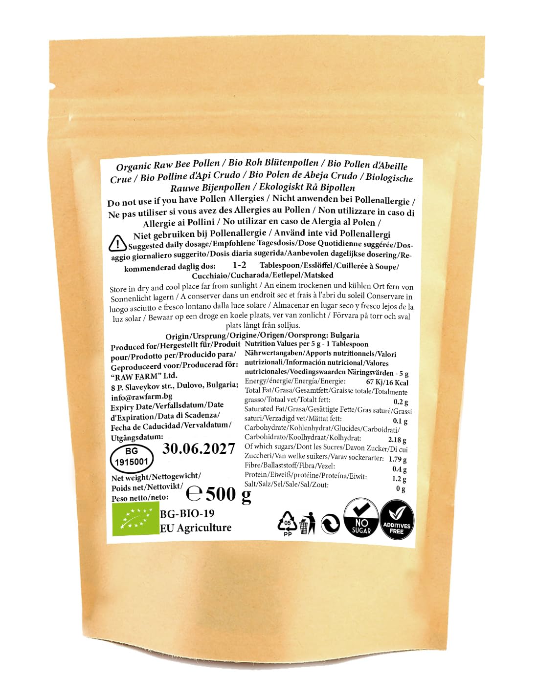 Raw Farm Organic Natural Fresh Raw Farm - Organic Bee Pollen Powder, Extra fine, Unheated, Pure and Fresh 500 g
