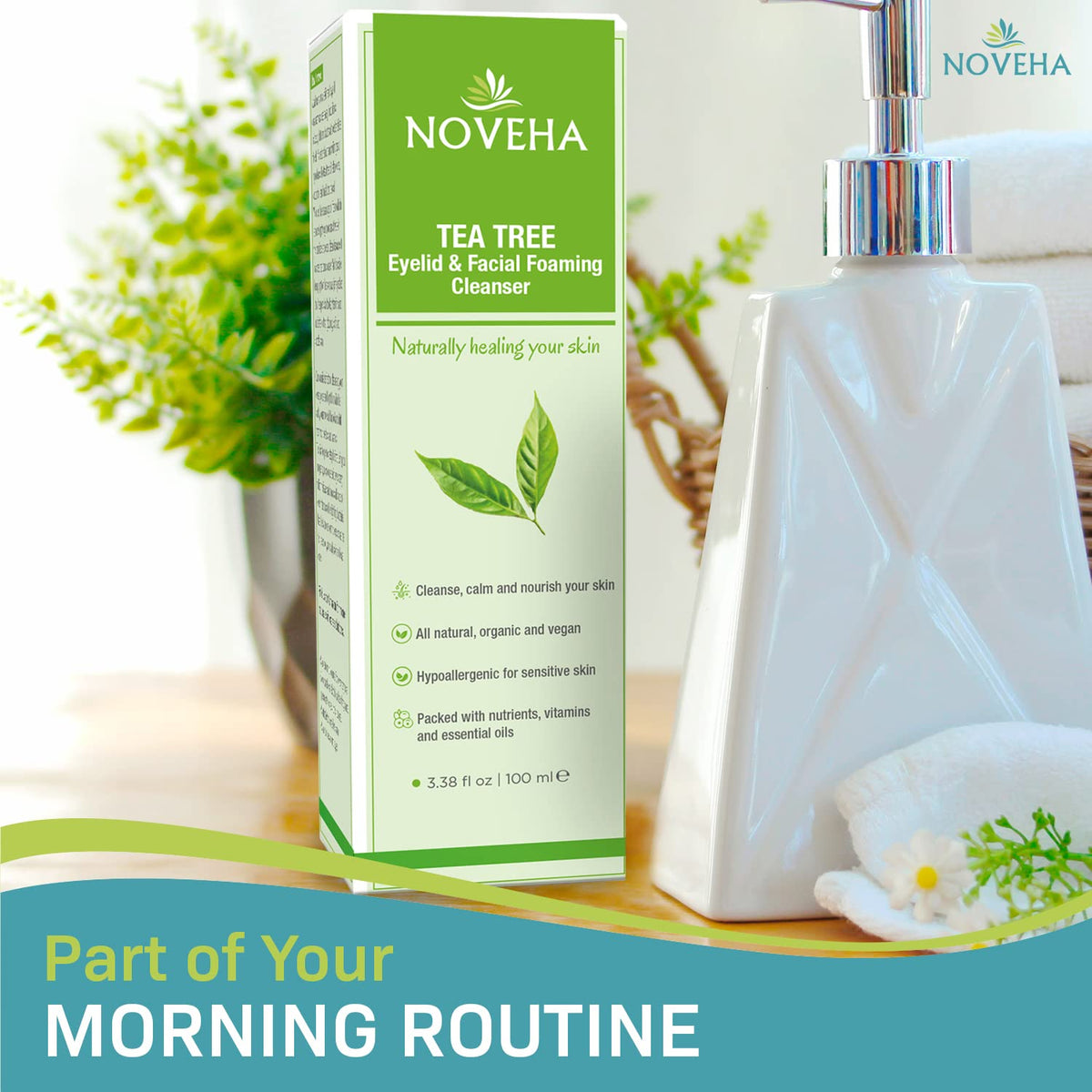NOVEHA Tea Tree Eyelid Foaming Cleanser - Face Wash For Women | Eyelid Scrub For Dry Eye, Irritation | Preservative Free, Natural Ingredients