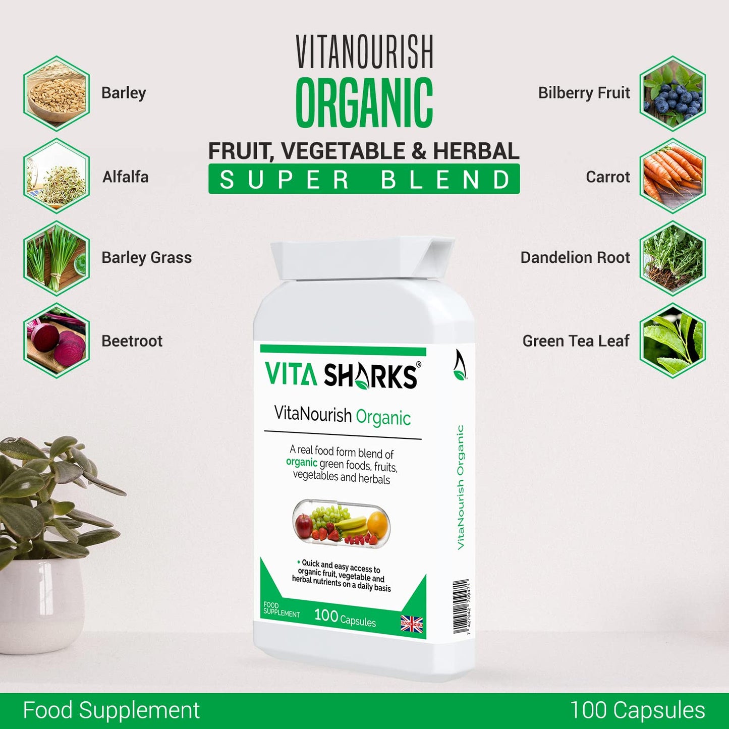 Vita Sharks VitaNourish Organic. Nutrient-Dense Potent Vegan Whole Food Supplement for Total Immunity. Essential Vitamins & Minerals from 100% Organic Kosher Fruit, Vegetable & Herbal Blend