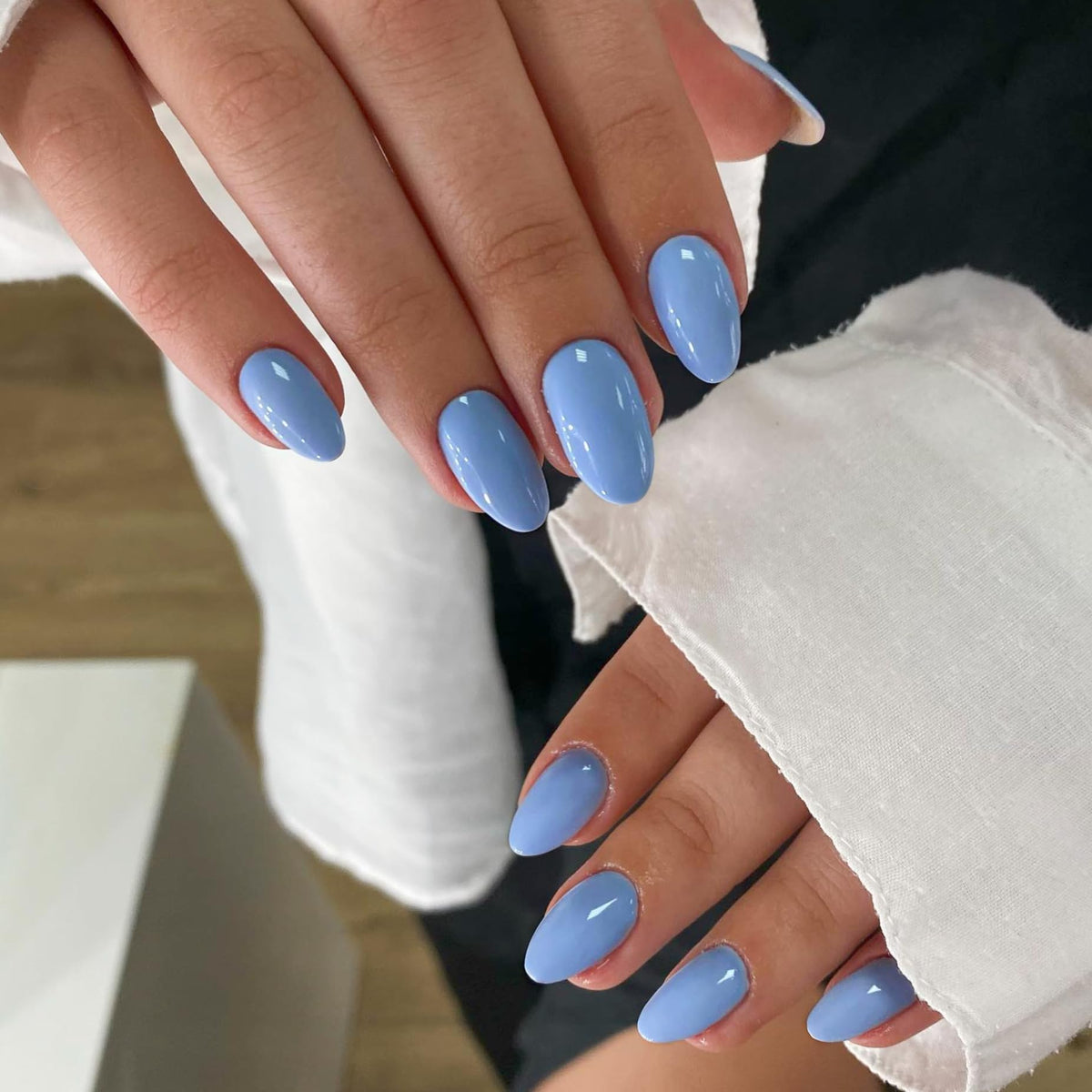 SXVME Light Blue Short Press-on Nails - Simple Acrylic Oval Almond Fake Nails, Solid Gel Full Cover for Daily Wear