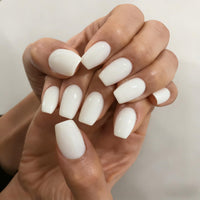 KQueenest Acrylic Press on Nails Short Medium Coffin, White False Nails Short Ballerina, Glossy Natural Solid Color Fake Nails Set, Reusable Gel Stick on Nail for Women Finger Daily Wear 24 Pcs