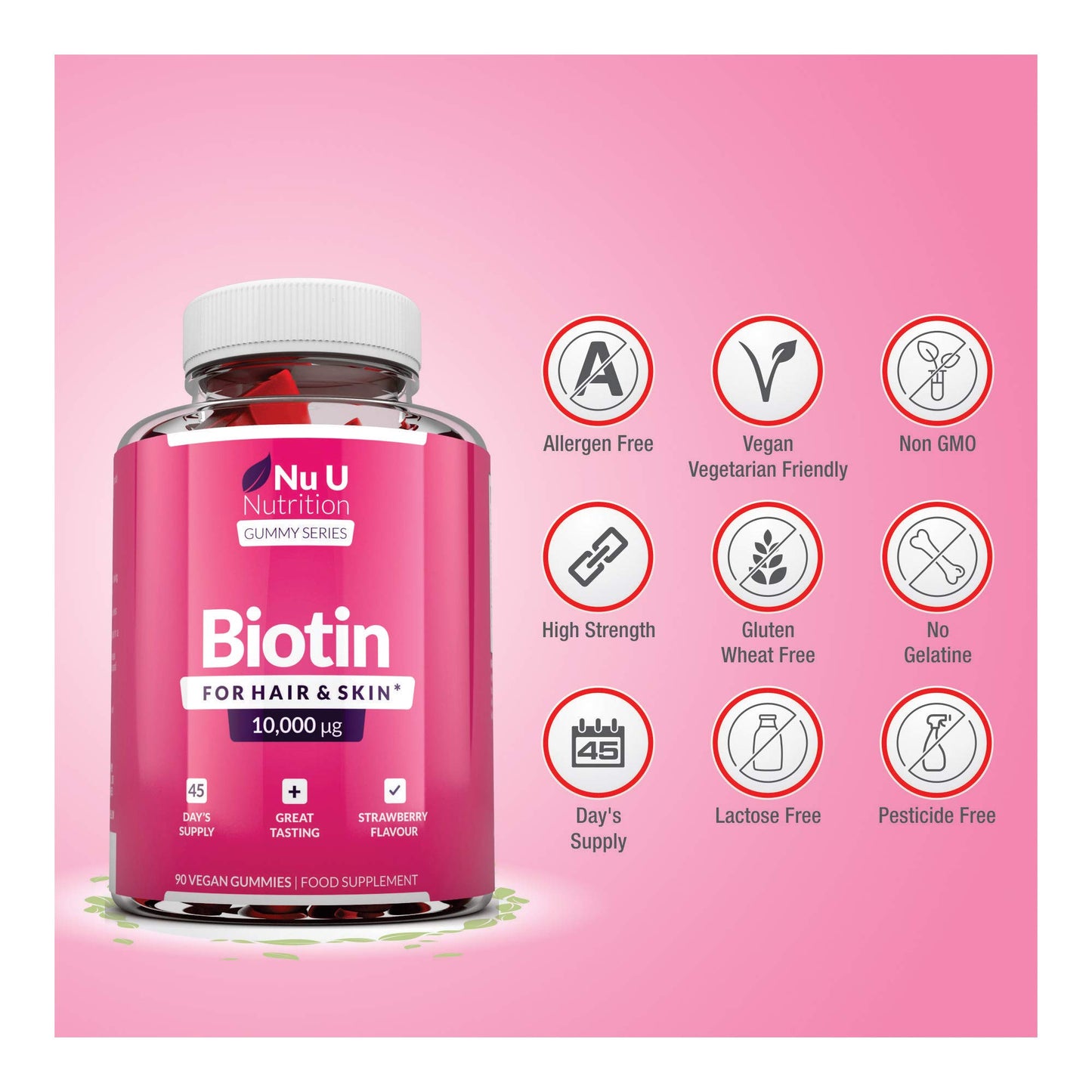 Biotin Hair Gummies 10,000mcg - 90 Vegan Gummies - 45 Day Supply - Strawberry Flavour - Supports Normal Skin & Hair Growth - Chewable Hair Vitamins