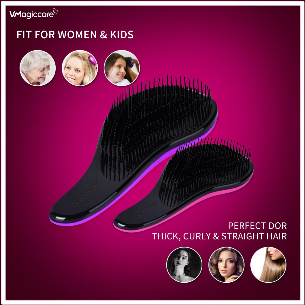 VMAGIC CARE Detangling Hairbrush - glide the Detangler Hairbrush through Tangled hair Best Brush Comb for Women, Girls, Men & Boys - Use in Wet and Dry Hair (Purple Big + Rose Red Small)