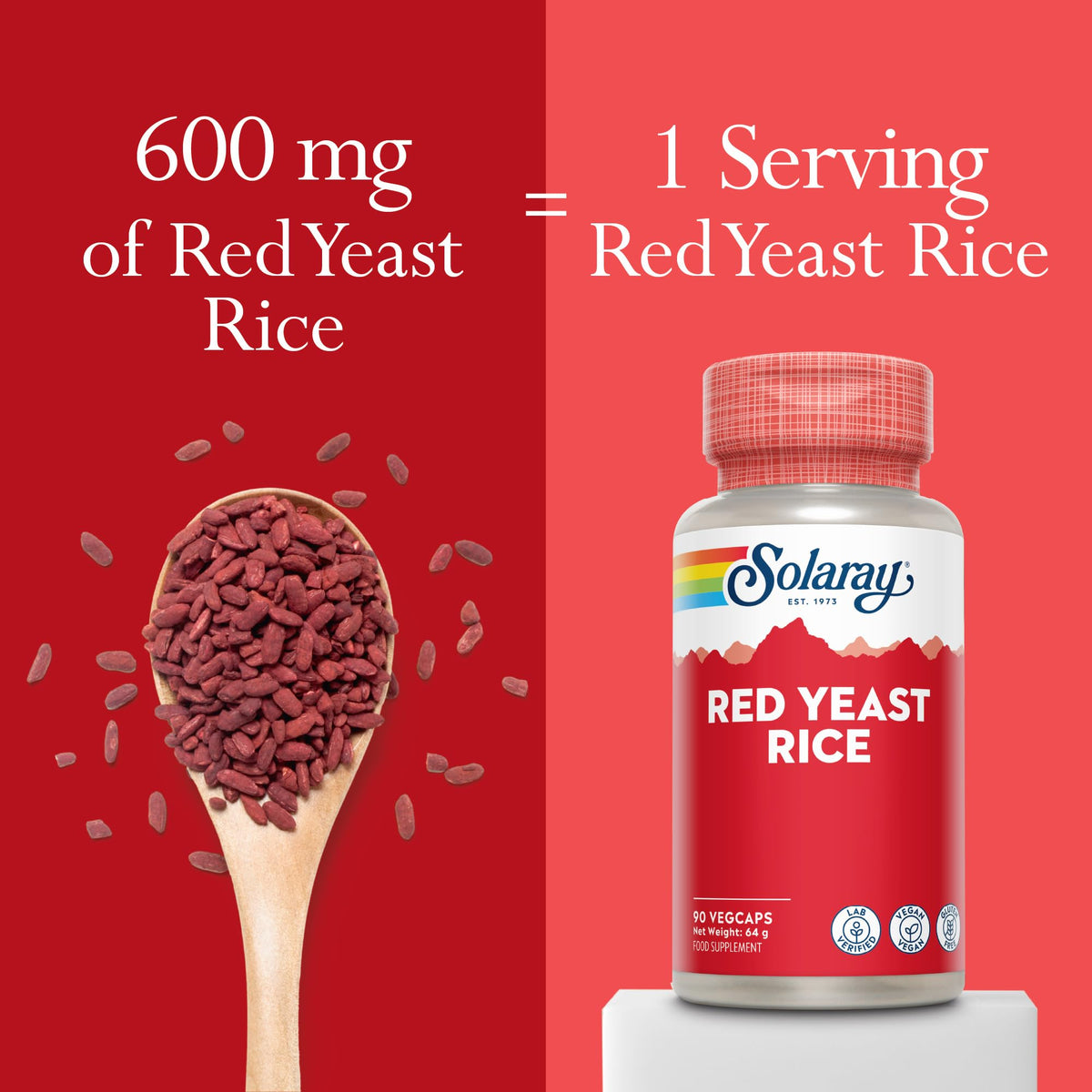 SOLARAY Solaray - Red Yeast Rice Extract - 90 Vegan Capsules - High Strength Herbal Supplement from Monascus Purpureus with Monacolin K - Lab Verified, GMO & Gluten Free
