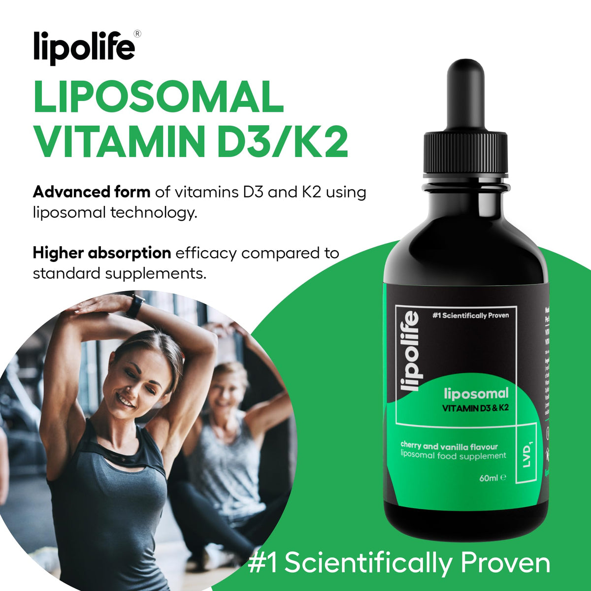 Lipolife Liposomal Vegan Vitamin D3 and Vitamin K2 Liquid - Cherry & Vanilla Flavour. Advanced Nutrient Absorption. Made in the UK. 60 Servings. lipolife LVD1