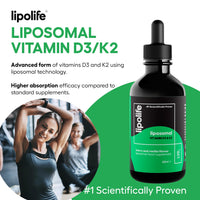 Lipolife Liposomal Vegan Vitamin D3 and Vitamin K2 Liquid - Cherry & Vanilla Flavour. Advanced Nutrient Absorption. Made in the UK. 60 Servings. lipolife LVD1