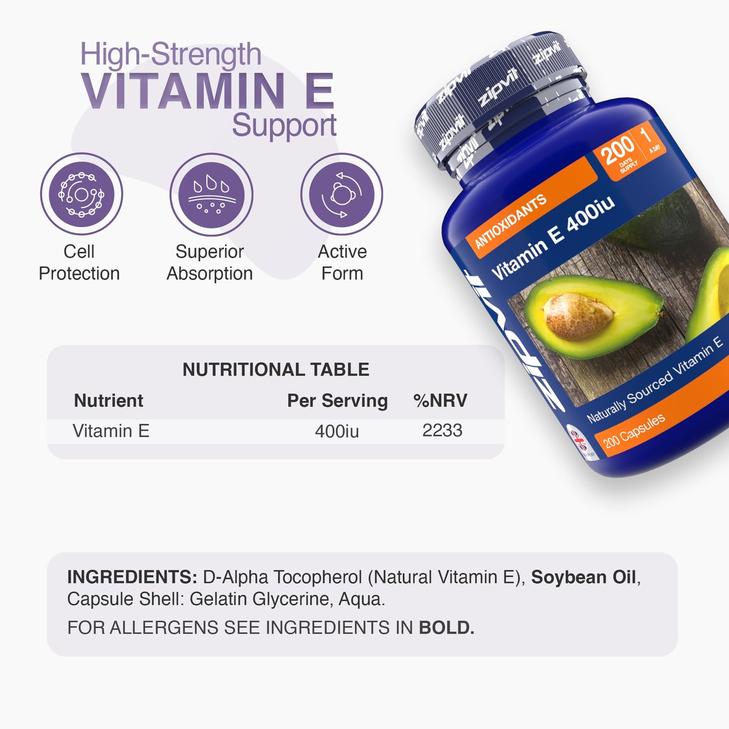 Zipvit Vitamin E Capsules 400IU, Natural D-Alpha Tocopherol, Supports Cell Protection from Oxidative Stress, 200 Capsules, Vitamin E Supplement