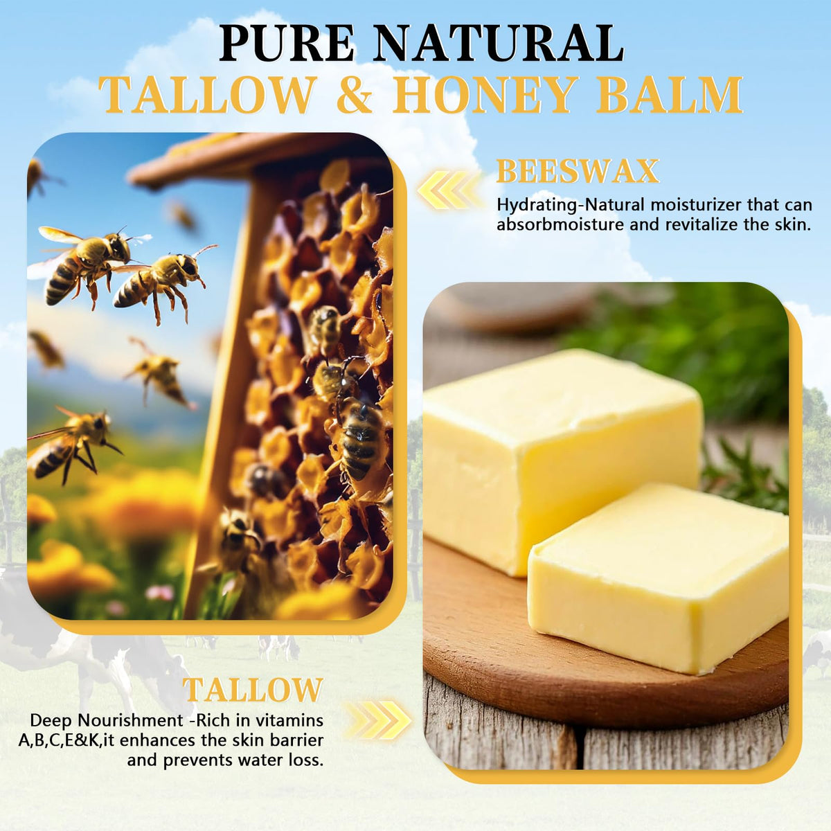 Kenmohuo 2PC Tallow and Honey Balm, Beef Tallow Skin Care Face Cream, Facial Balms Skincare, Handmade Natural Body Moisturizer for Smooth, Hydrated Skin (60g*2)