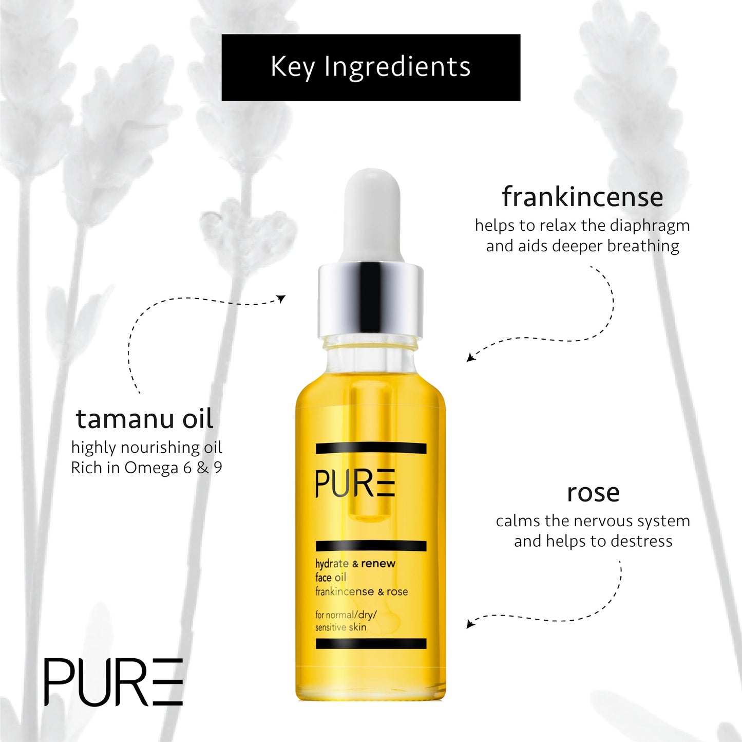 Hydrate & Renew Face Oil from PURE Spa & Beauty 30ml - Vegan Skin Moisturiser with Rose, Geranium, Orange, Frankincense, Vitamin E and Omega 6 & 9