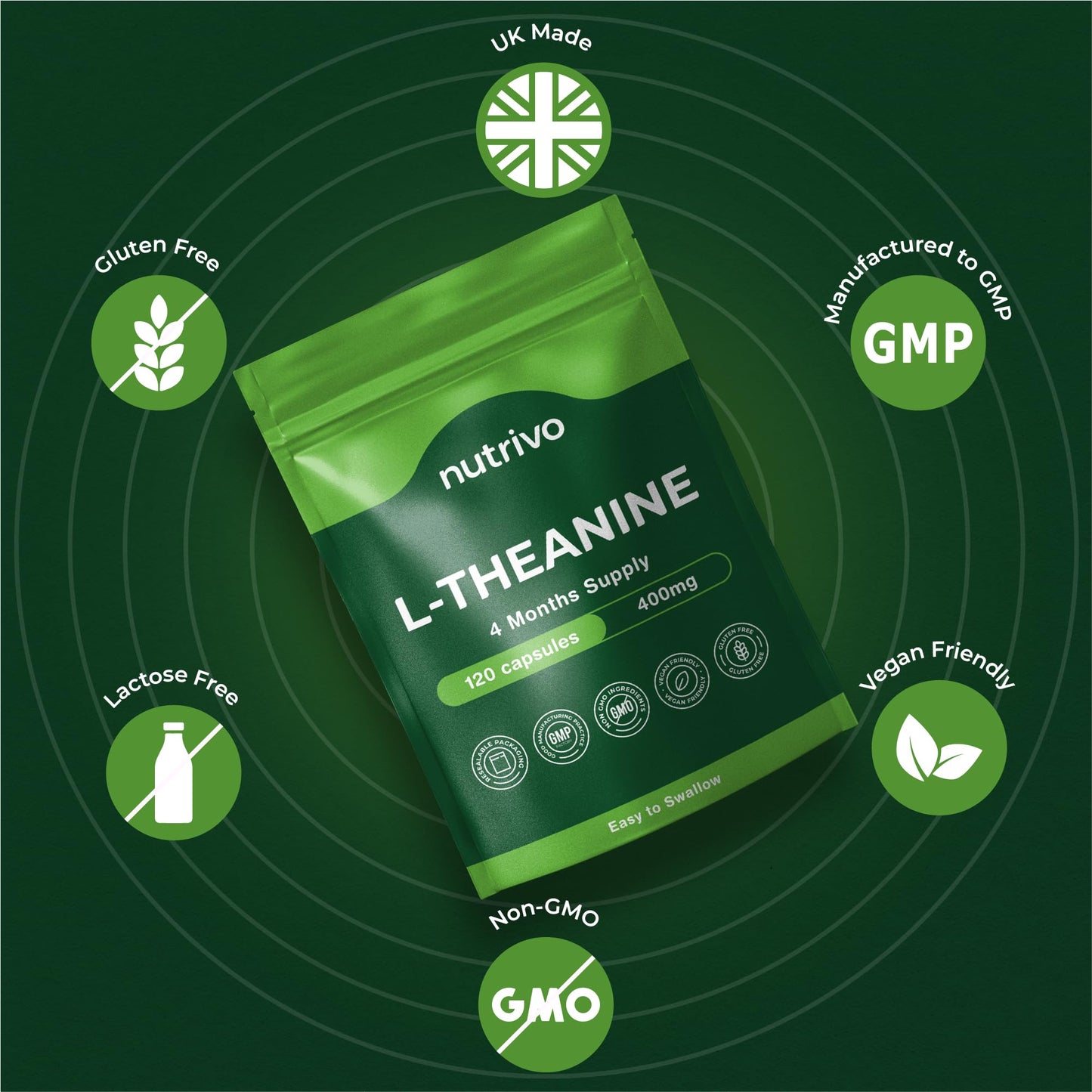 Nutrivo L Theanine 400mg | 120 Vegan Capsules - 4 Months Supply | Good Alternative to L-Theanine Powder, Gummies and Drops | UK Made L'Theanine Supplement
