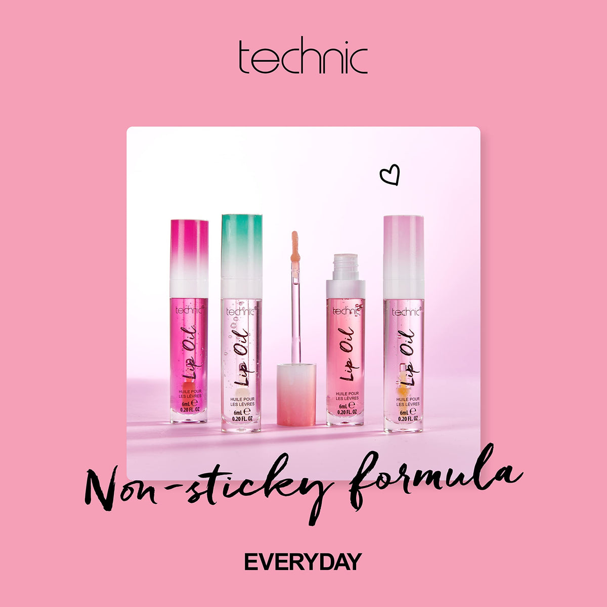 Technic Lip Oil Bundle - 4 Flavoured, Non Sticky, Hydrating Lip Oils With a High Shine Glossy Finish - Mixed Variety Multipack - Strawberry, Mint, Cherry, Orange