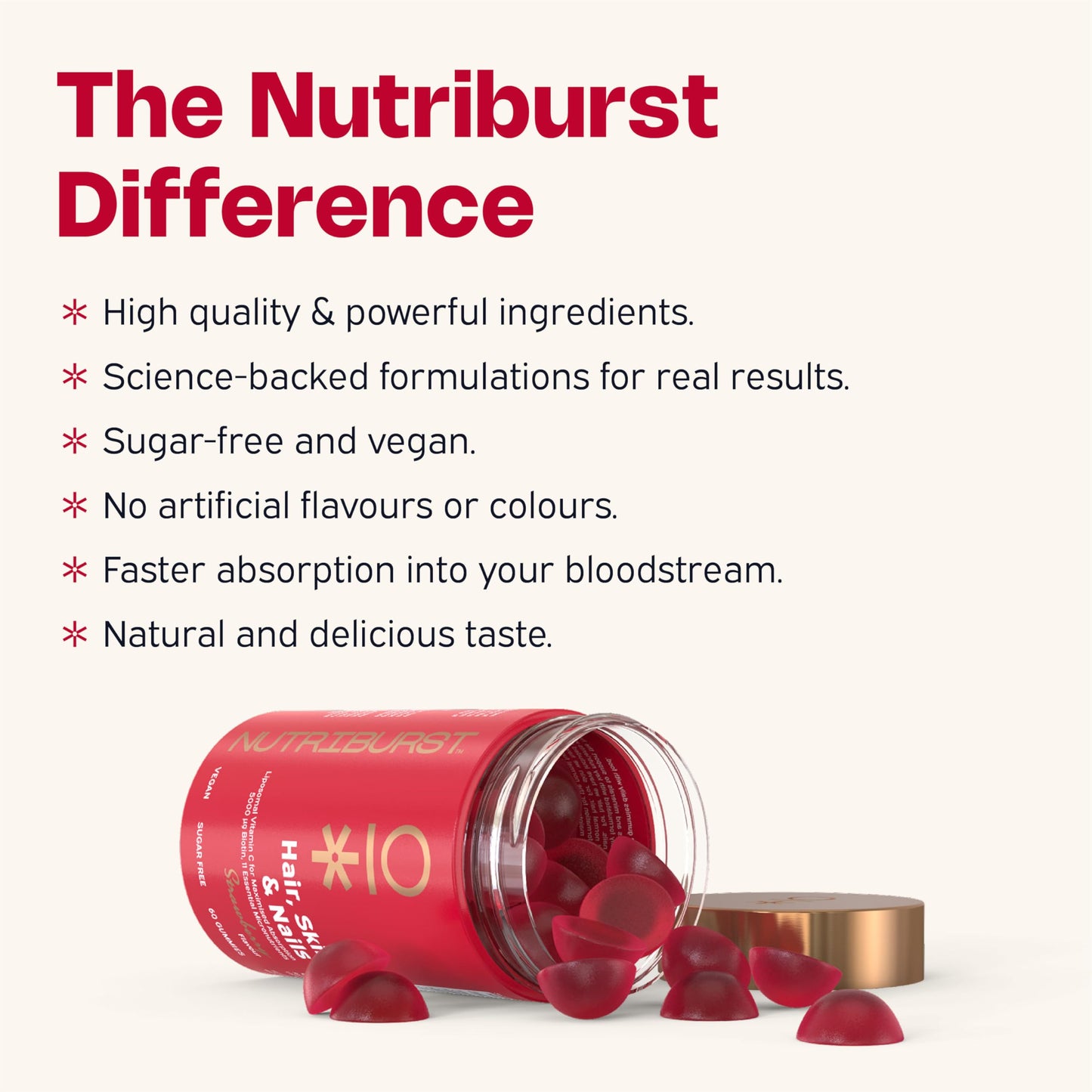 Nutriburst - Hair Skin and Nails Gummies - Biotin Zinc Vitamin E for Thicker Hair & Stronger Nails - Sugar Free Supplements - 60 Gummies 1 Month Supply - Suitable for Vegetarians & Vegans
