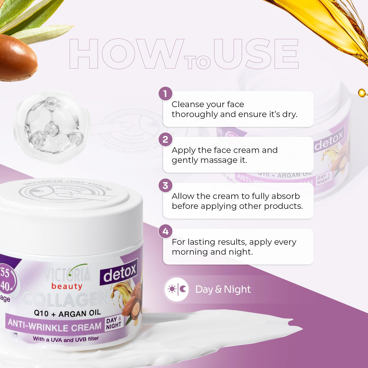 Victoria Beauty Day and Night Anti-Aging Moisturiser with Collagen, Hyaluronic Acid, Q10, Argan Oil, and a UVA/UVB Filter for Ages 40 – 55, Pack of 2 Creams (2 x 50 ml)