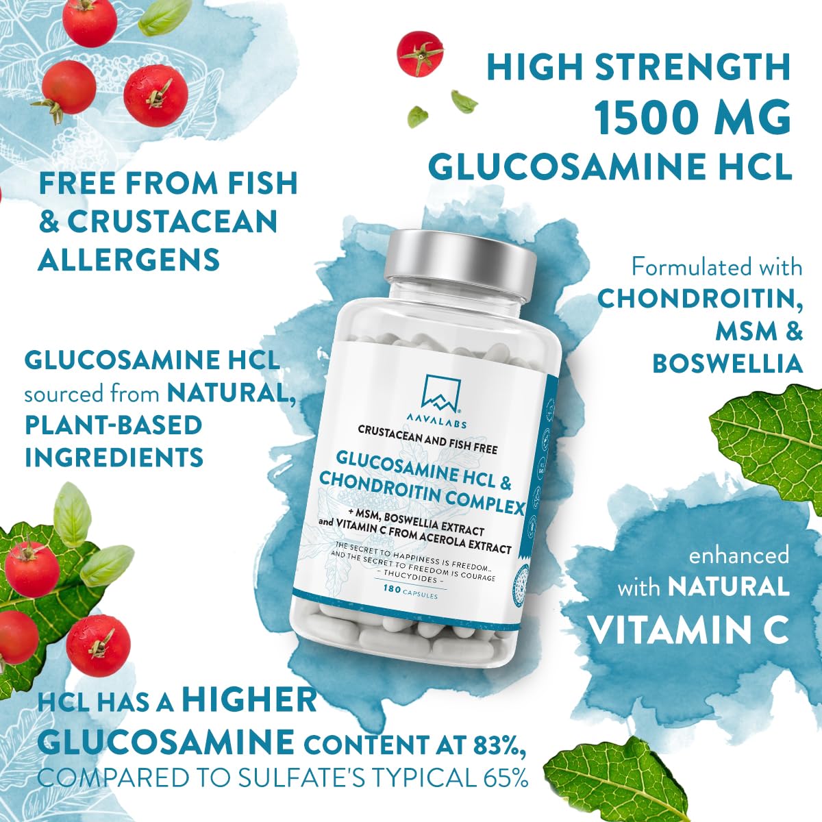 AAVALABS Glucosamine and Chondroitin High Strength with MSM, Boswellia Extract & Vitamin C - Glucosamine Complex - Fish and Crustacean Allergen Free - 180 Capsules (3 Capsules Daily)