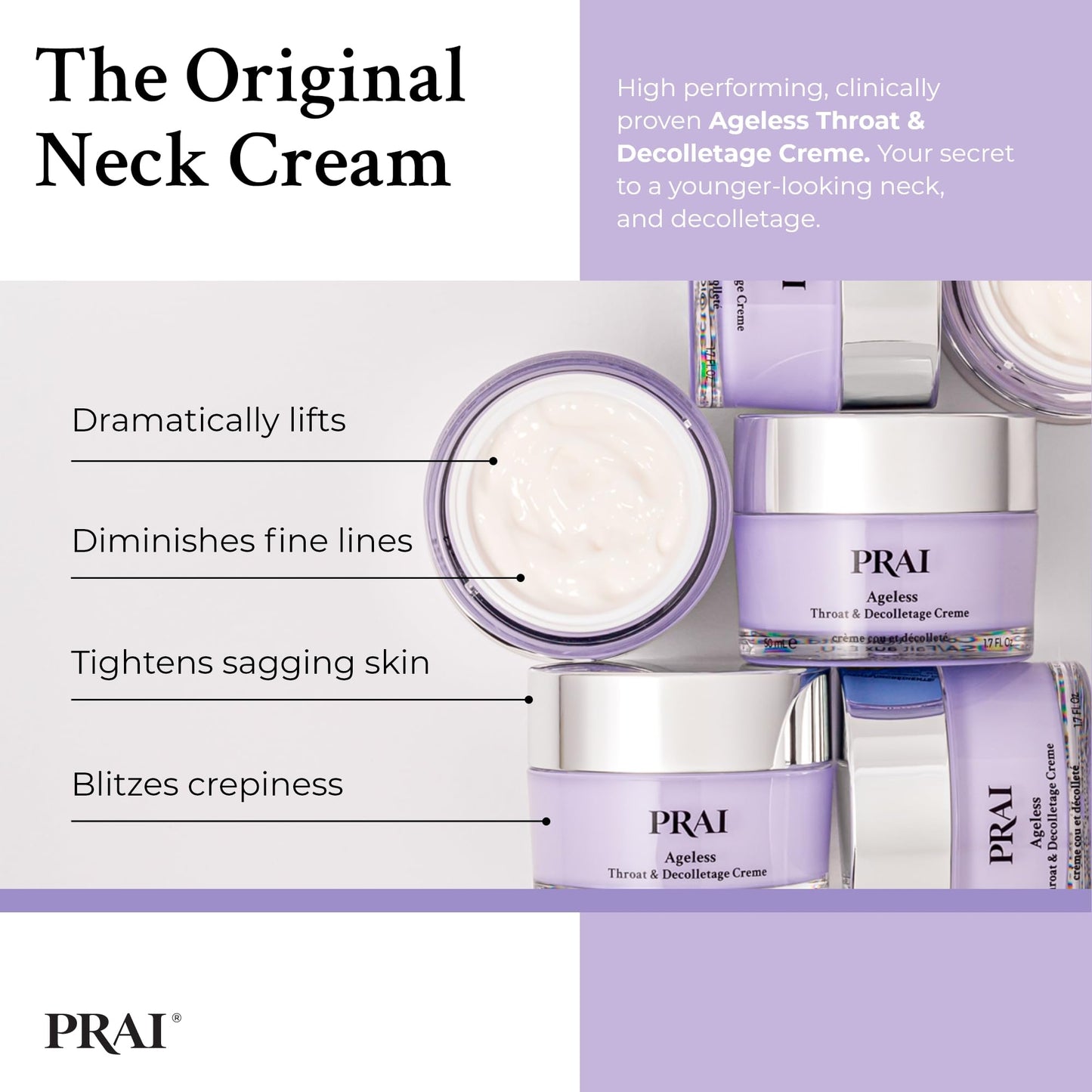 Prai PRAI Ageless Throat & Decolletage Creme 50ml - Anti-Ageing, Collagen Boosting Skincare Cream - Tightens & Firms Skin, Reduces Wrinkles - Luxury Neck Moisturiser With Hyaluronic Acid - 7 Day Results