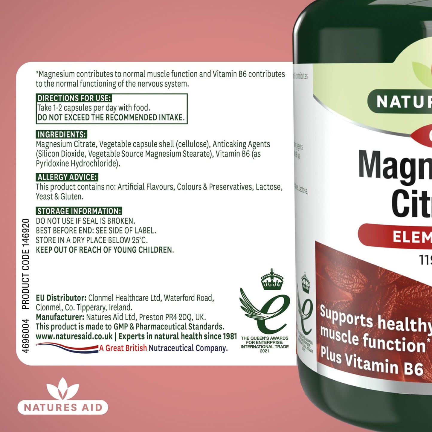 Natures Aid Magnesium Citrate 750mg with Vitamin B6 – High Absorption Vegan Capsules – Supports Muscle, Nerve & Bone Health and Stress Relief – Non-GMO, Gluten-Free – 60 Capsules