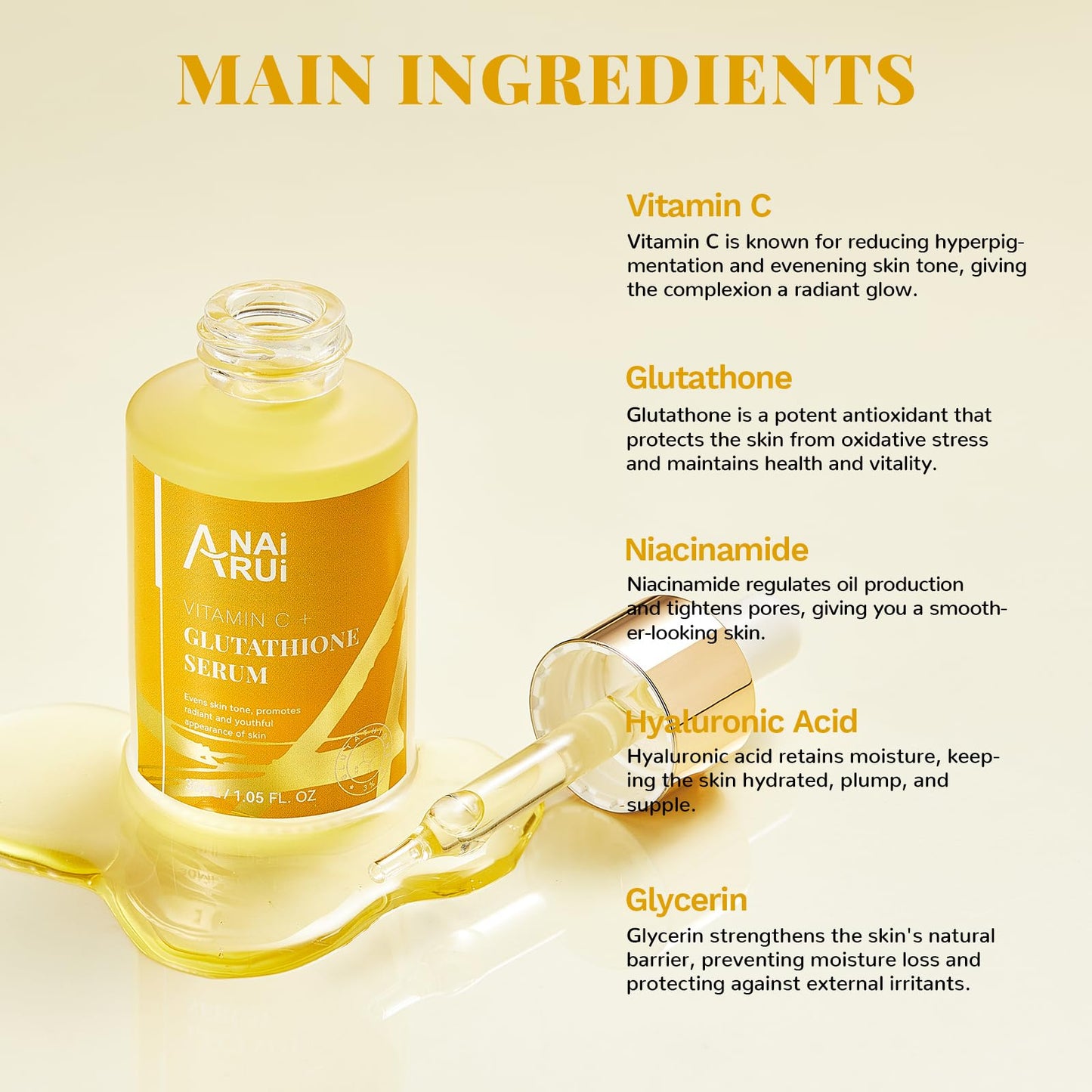 ANAiRUi Glutathione Serum with Vitamin C and Niacinamide, Glutathione Skin Brightening Face Serum for Skin, Hydration, Targets Dark Spots, Hyperpigmentation, Improve Skin Tone, 30 ml