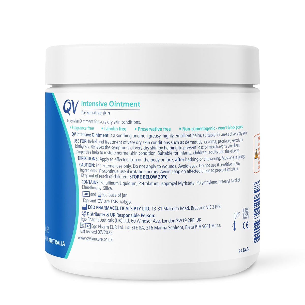 QV Intensive Ointment (450g) Soothing Moisturiser for Extremely Dry and Sensitive Skin, Rich Intensive Balm, Fragrance Free, Noncomedogenic, Sting Free Skin Care for Eczema, Psoriasis, Dermatitis