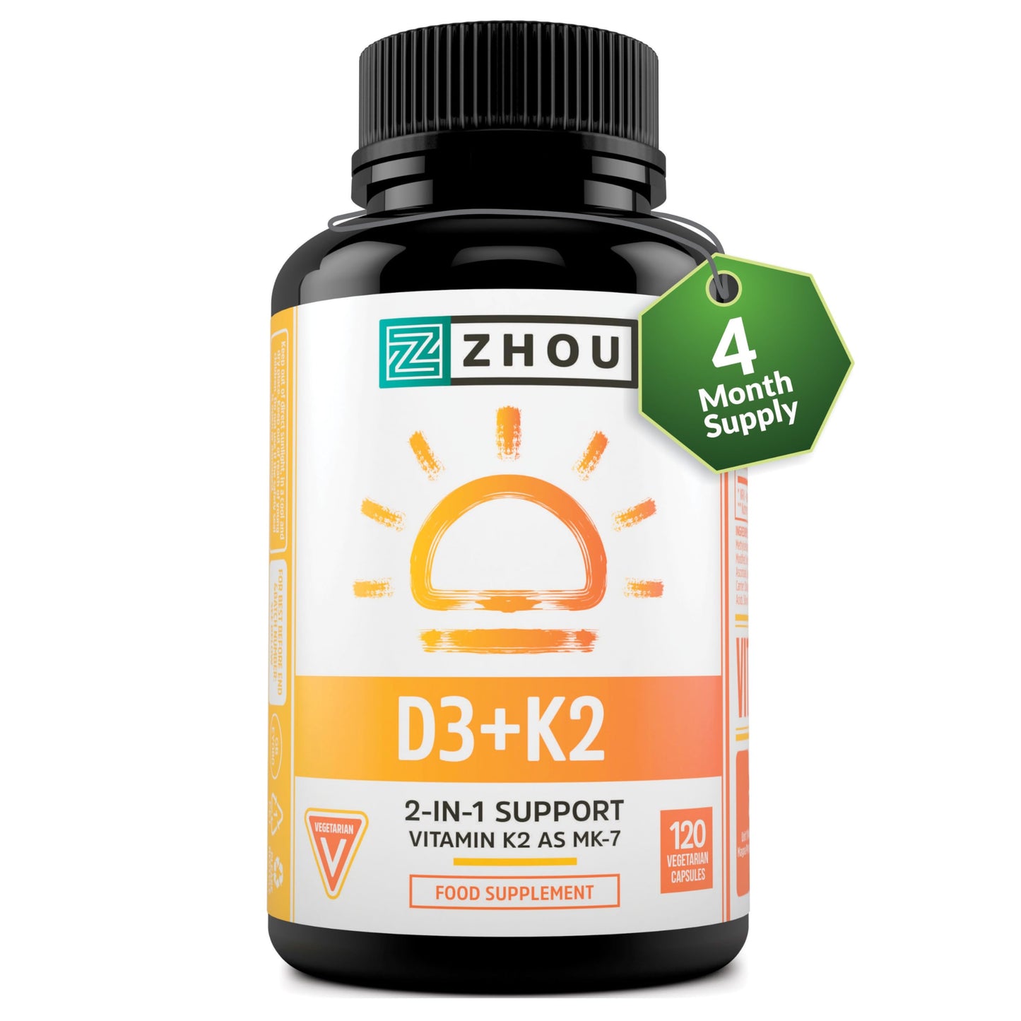 Nu U Nutrition Vitamin D3 4000IU & Vitamin K2 100ug MK7-120 Vegetarian Capsules - 4 Month Supply - High Strength Cholecalciferol and MK7 - Vitamin D & K Supplement - Zhou