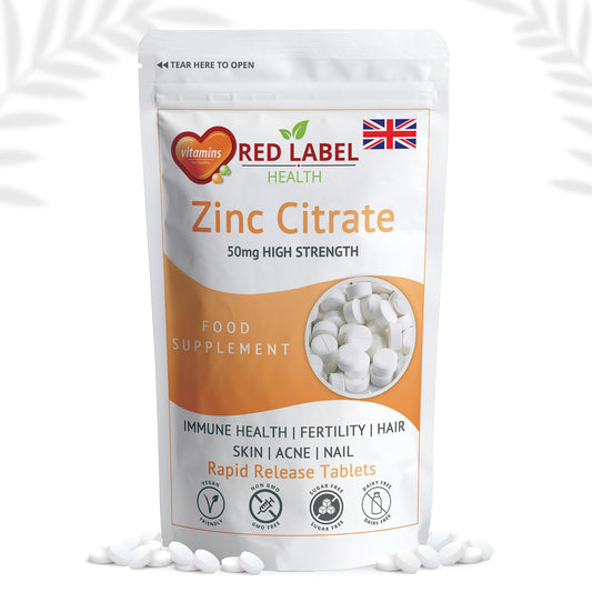 Red Label Health Zinc Citrate 50mg - 200 Vegan Tablets - Immune Function, Fertility, Healthy Bones, Vision, Hair, Nails and Skin | (6+ Months Supply) | Letterbox Friendly - Made in The UK