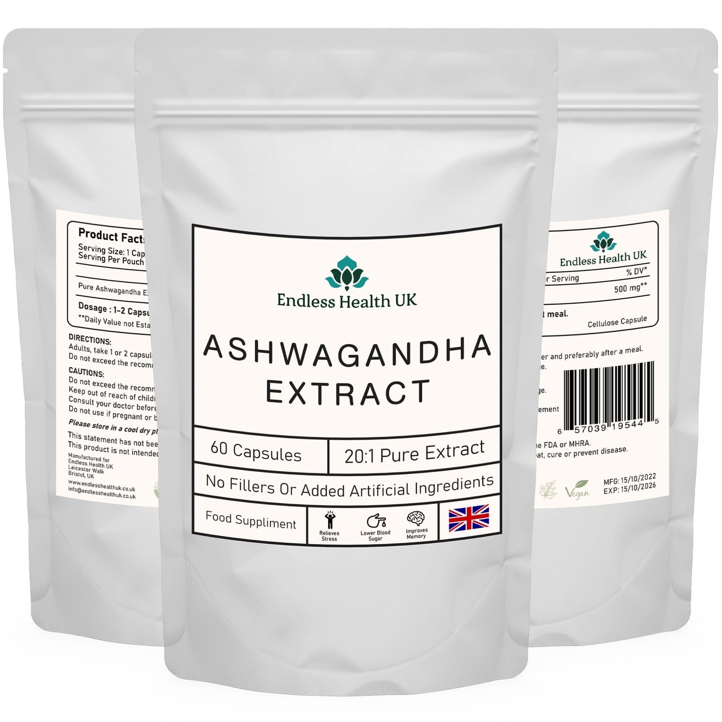 Endless Health UK Ashwagandha Extract | High Strength | 20:1 Extract | 60 Capsules